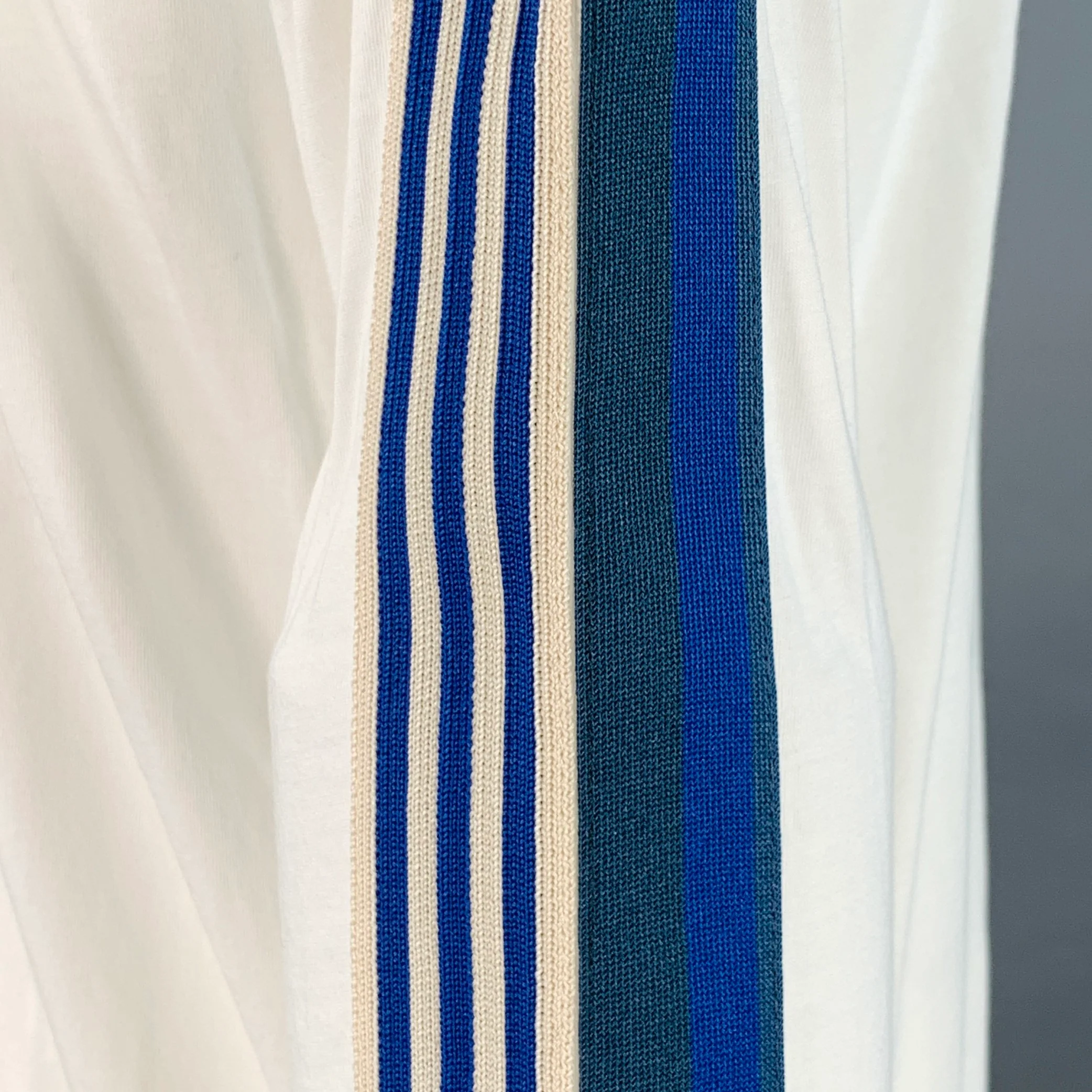 DRIES VAN NOTEN Size XL White Blue Green Stripe Cotton Long Sleeve Crew Neck Pullover - Image 3