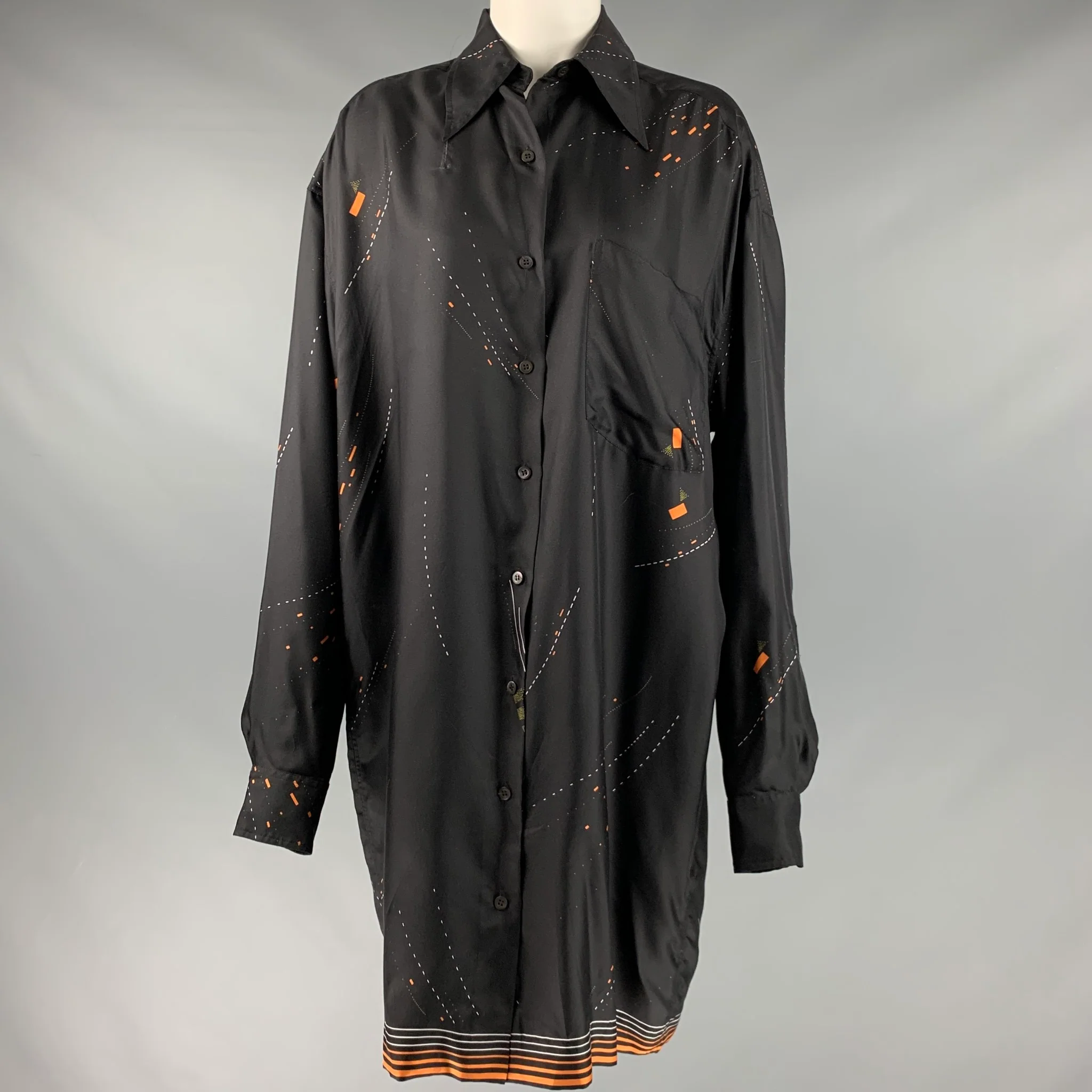 DRIES VAN NOTEN Size XS Black Orange White Silk Print Tunic Shirt