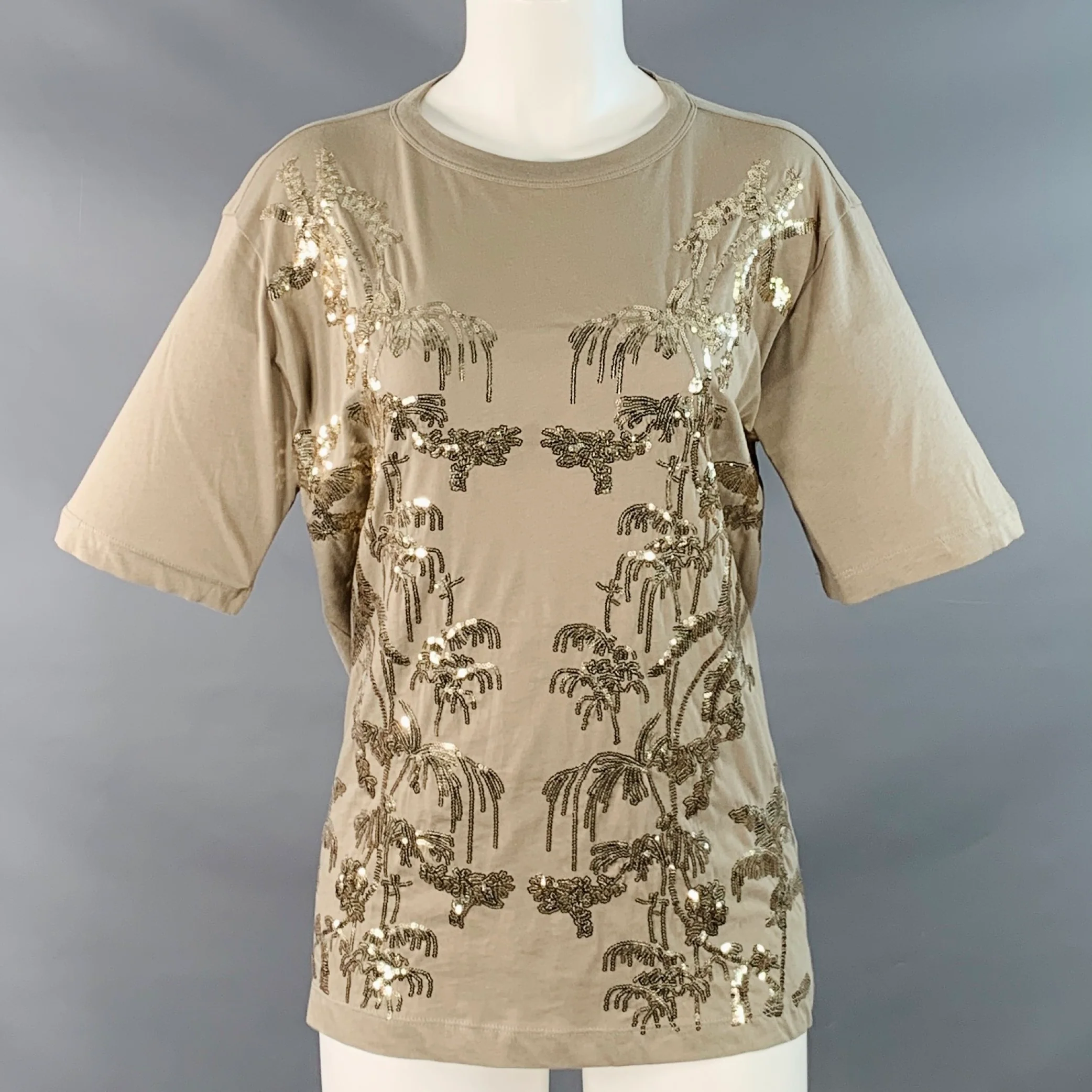 DRIES VAN NOTEN Size XS Gold Sage Cotton Sequined Palm Trees Short Sleeve Casual Top