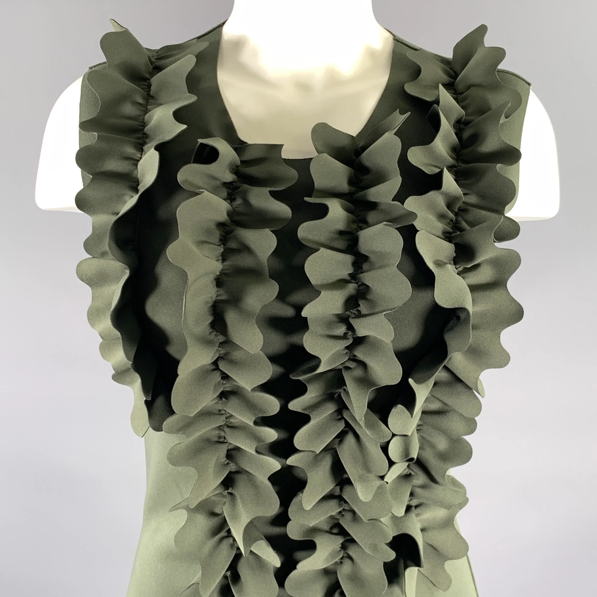 DRIES VAN NOTEN Size XS Green Olive Polyester Blend Ruffled Casual Top - Image 2