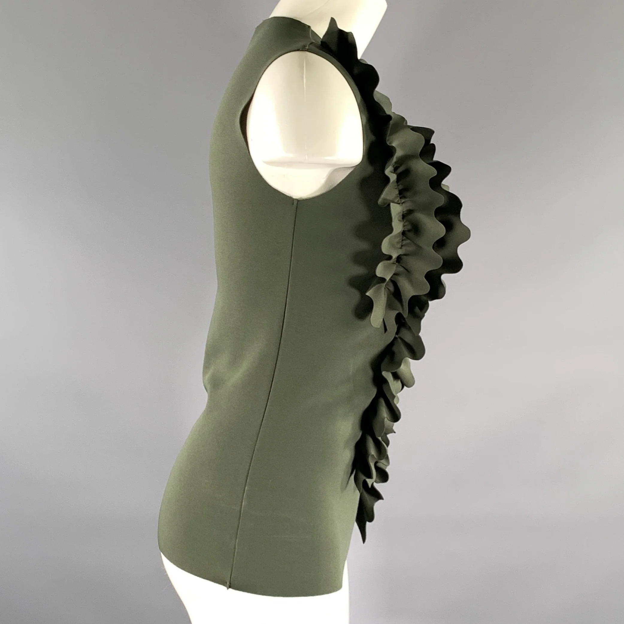 DRIES VAN NOTEN Size XS Green Olive Polyester Blend Ruffled Casual Top - Image 3
