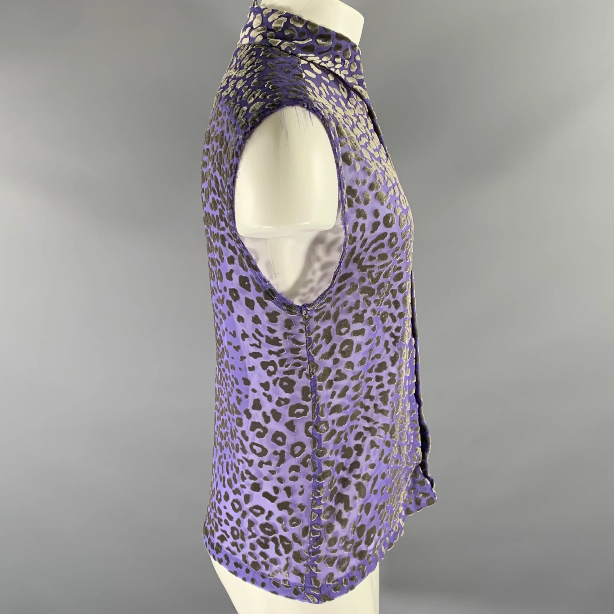 DRIES VAN NOTEN Size XS Purple Grey Leopard Print Cutoff Sleeve Shirt - Image 3