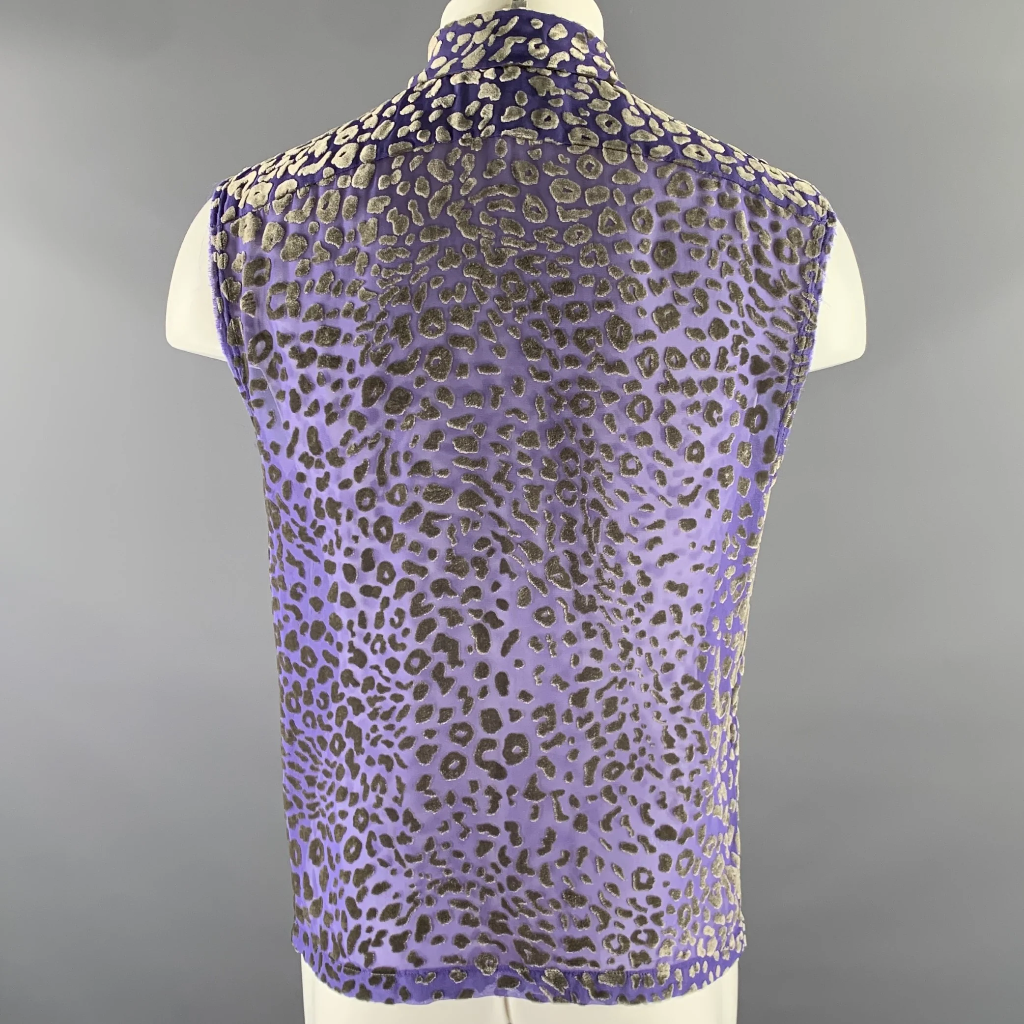 DRIES VAN NOTEN Size XS Purple Grey Leopard Print Cutoff Sleeve Shirt - Image 4