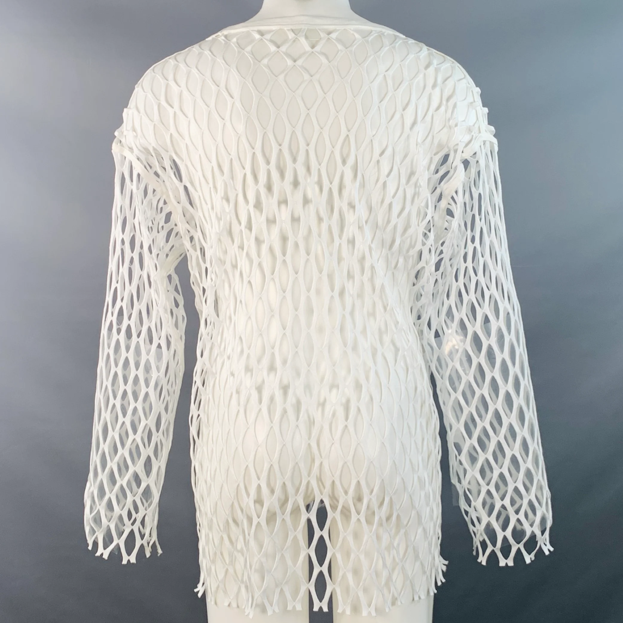 DRIES VAN NOTEN Size XS White Fishnet Mesh Polyester Long Sleeve Pullover - Image 4