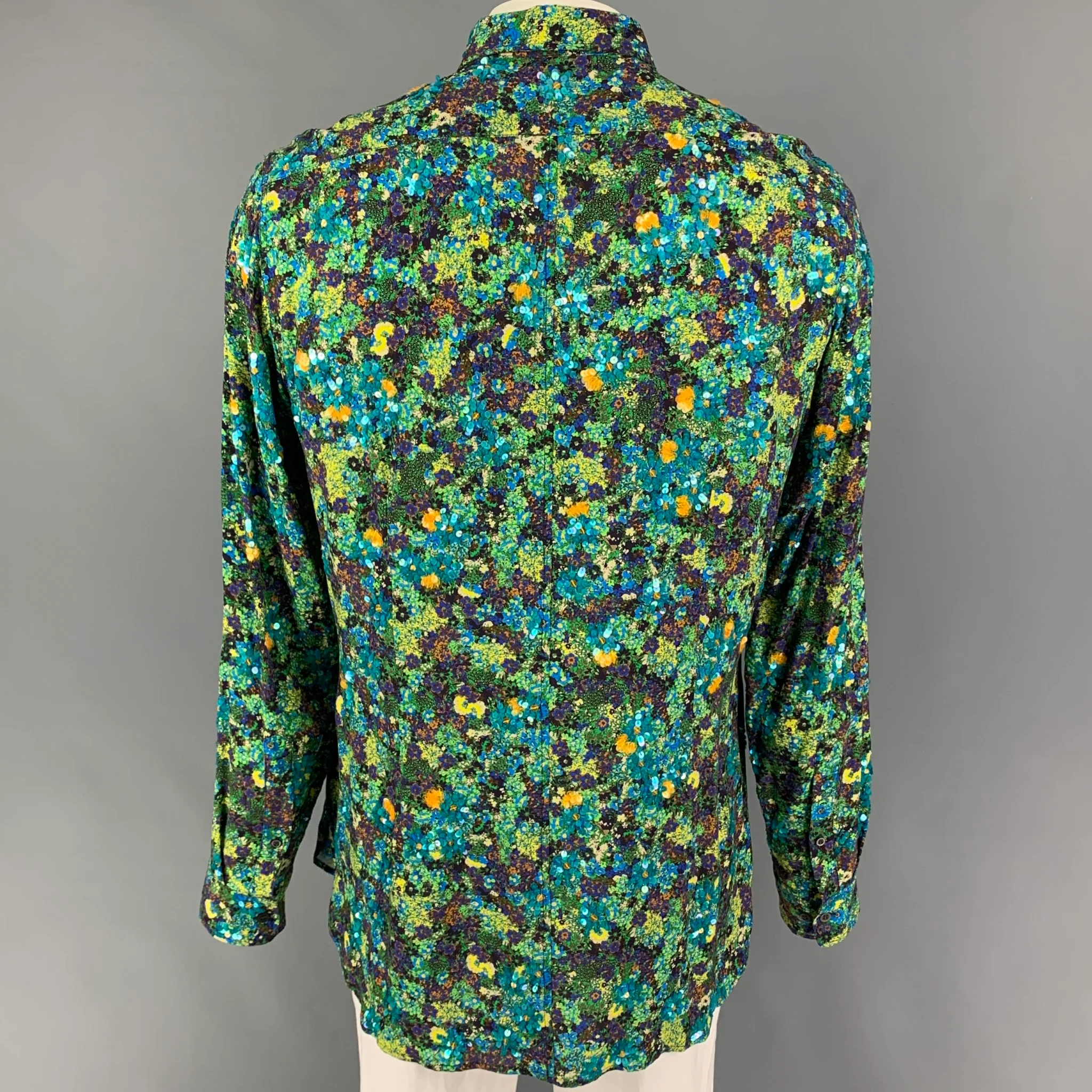 DRIES VAN NOTEN SS 20 Size XL Green Blue Sequined Viscose Button Up Long Sleeve Shirt - Image 3