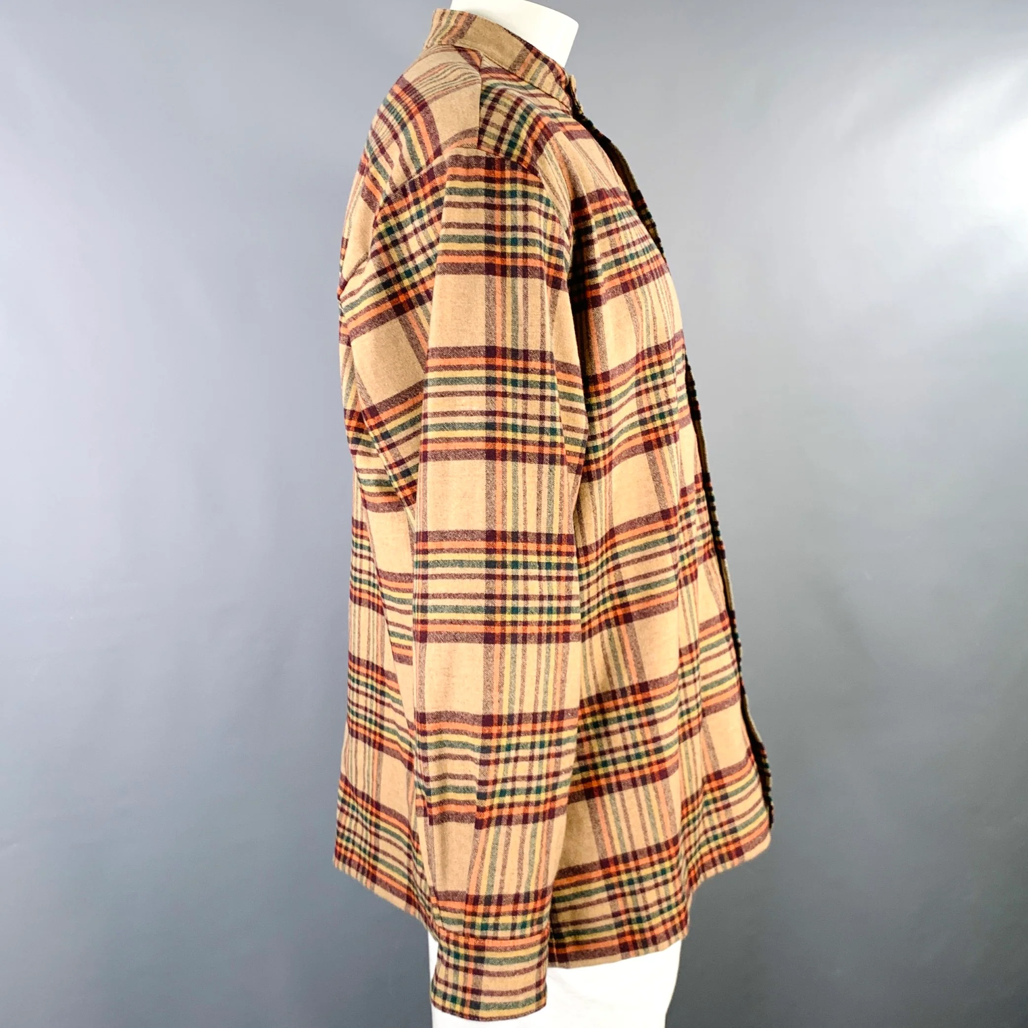 DRO'LE DE MONSIEUR Size L Camel Brown Orange Plaid Wool Blend Long Sleeve Shirt - Image 3
