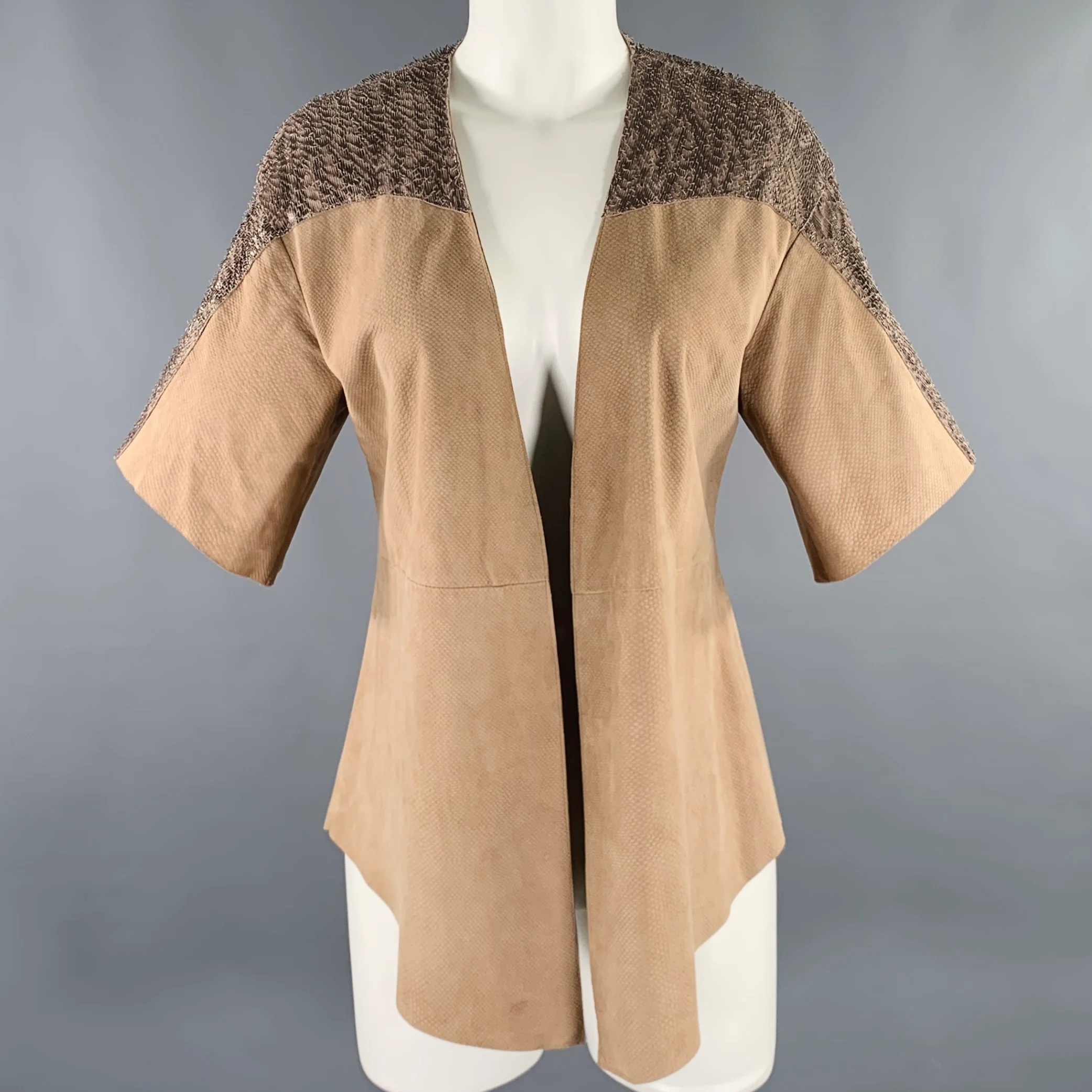DROME Size S Beige Silver Sheepskin Suede Open Front Casual Top