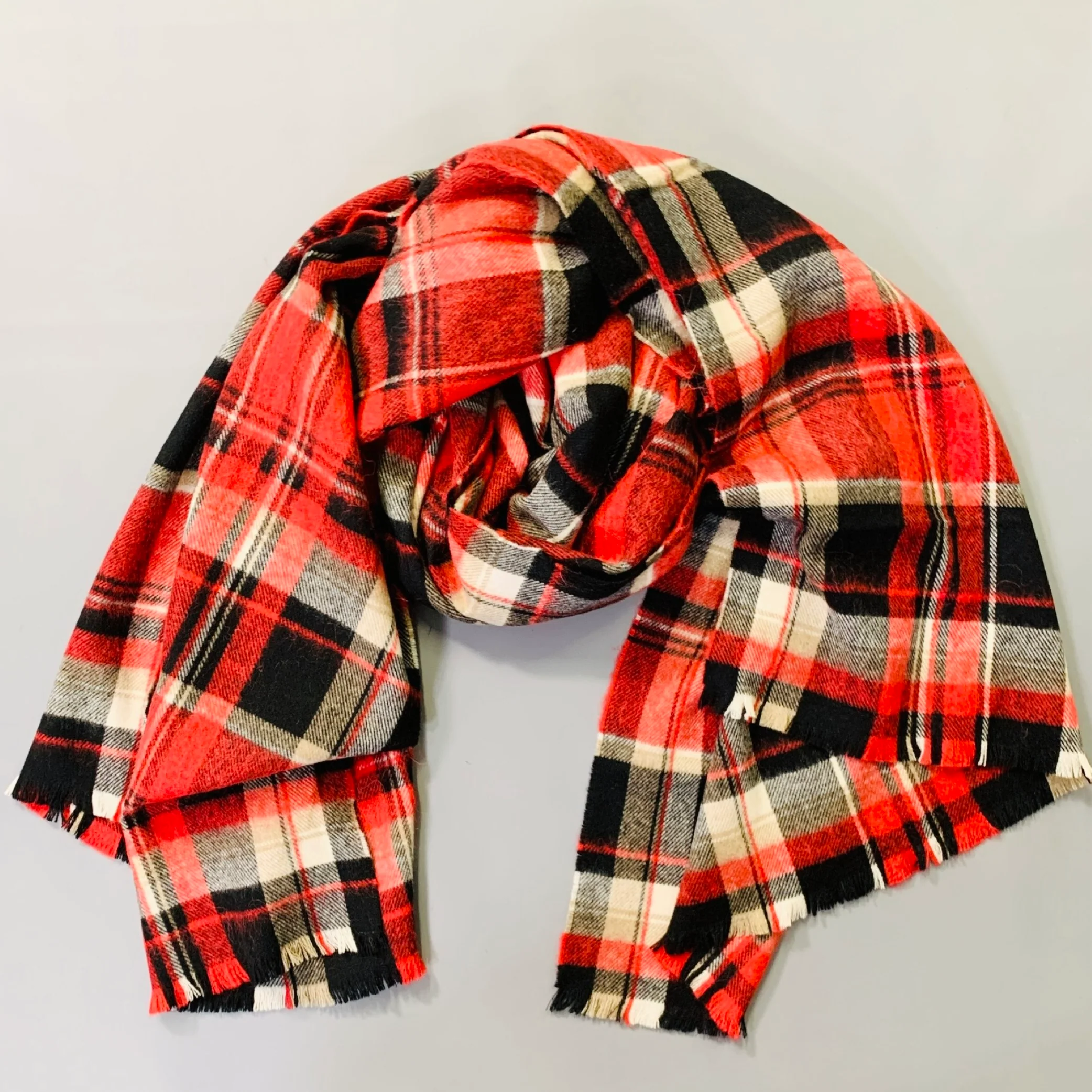 DSQUARED2 Red Black White Plaid Wool Blend Fringe Scarf - Image 3