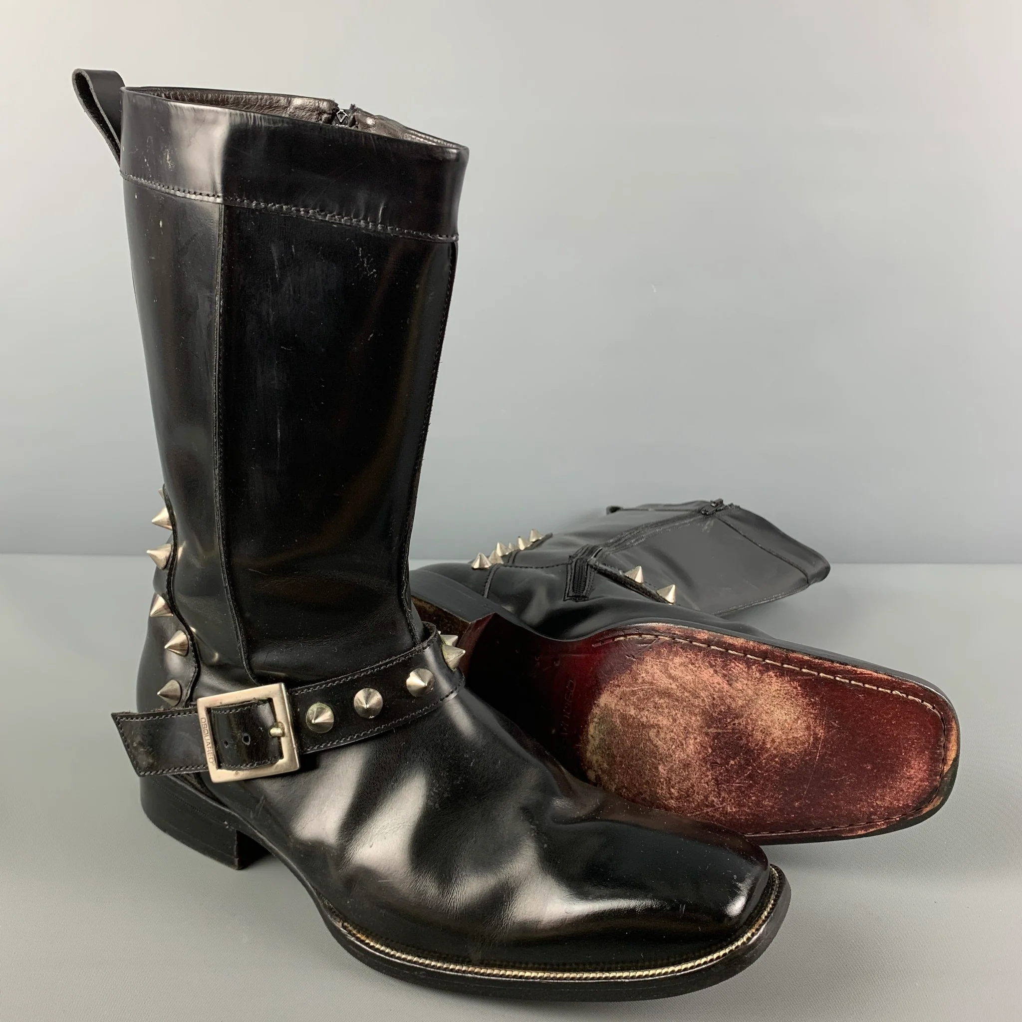 DSQUARED2 Size 10 Black Silver Studded Leather Side Zipper Boots - Image 3