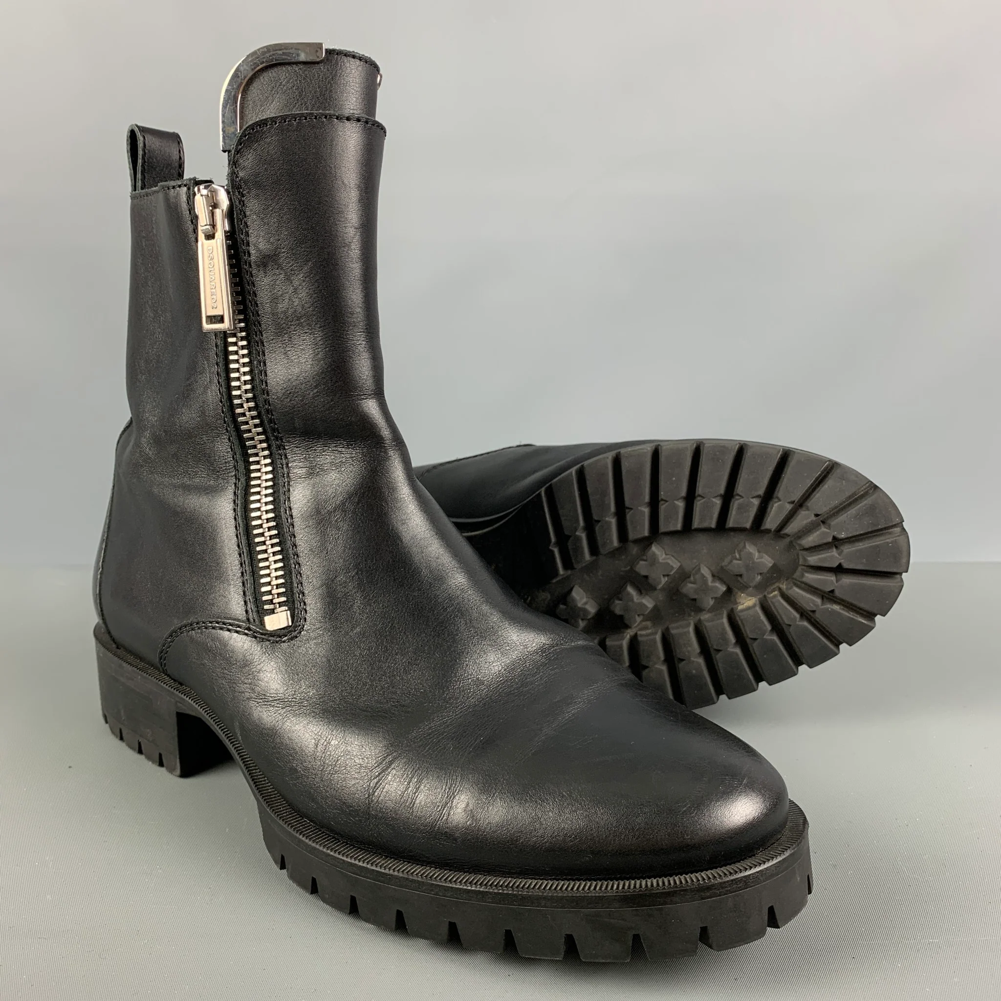 DSQUARED2 Size 11 Black Leather Double Zipper Boots - Image 5