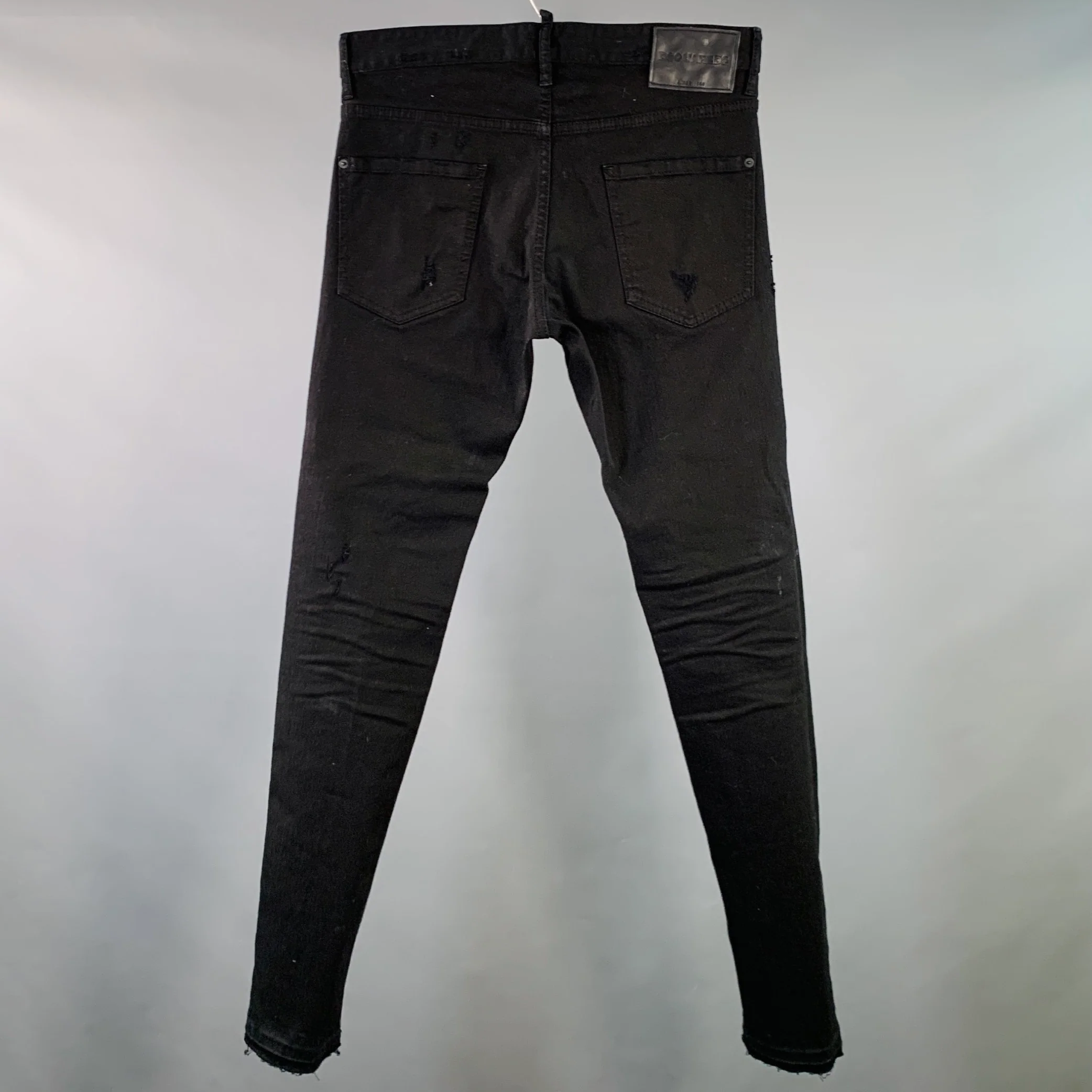 DSQUARED2 Size 32 Black Distressed Cotton Blend Slim Cut Button Fly Jeans - Image 3
