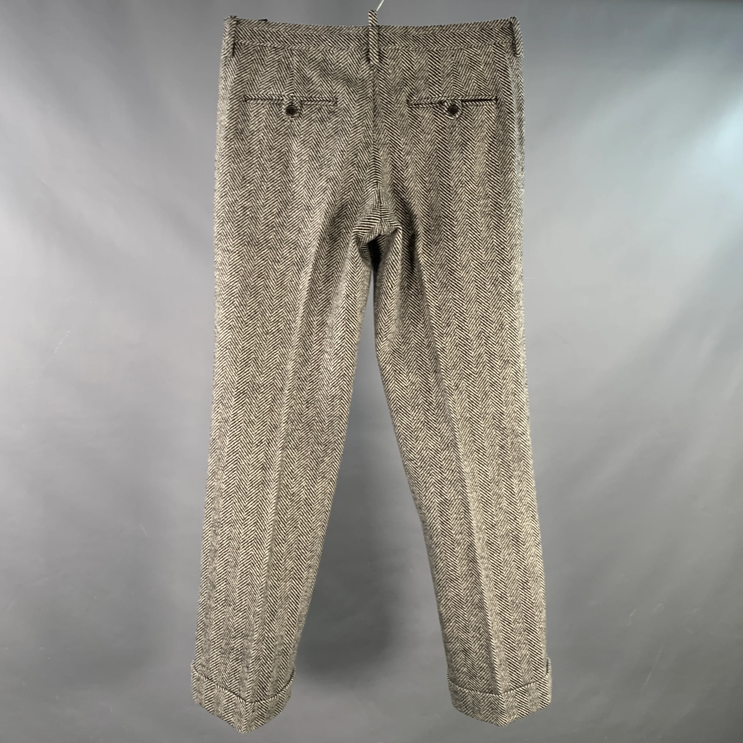 DSQUARED2 Size 32 Black White Herringbone Wool Button Fly Casual Pants - Image 3