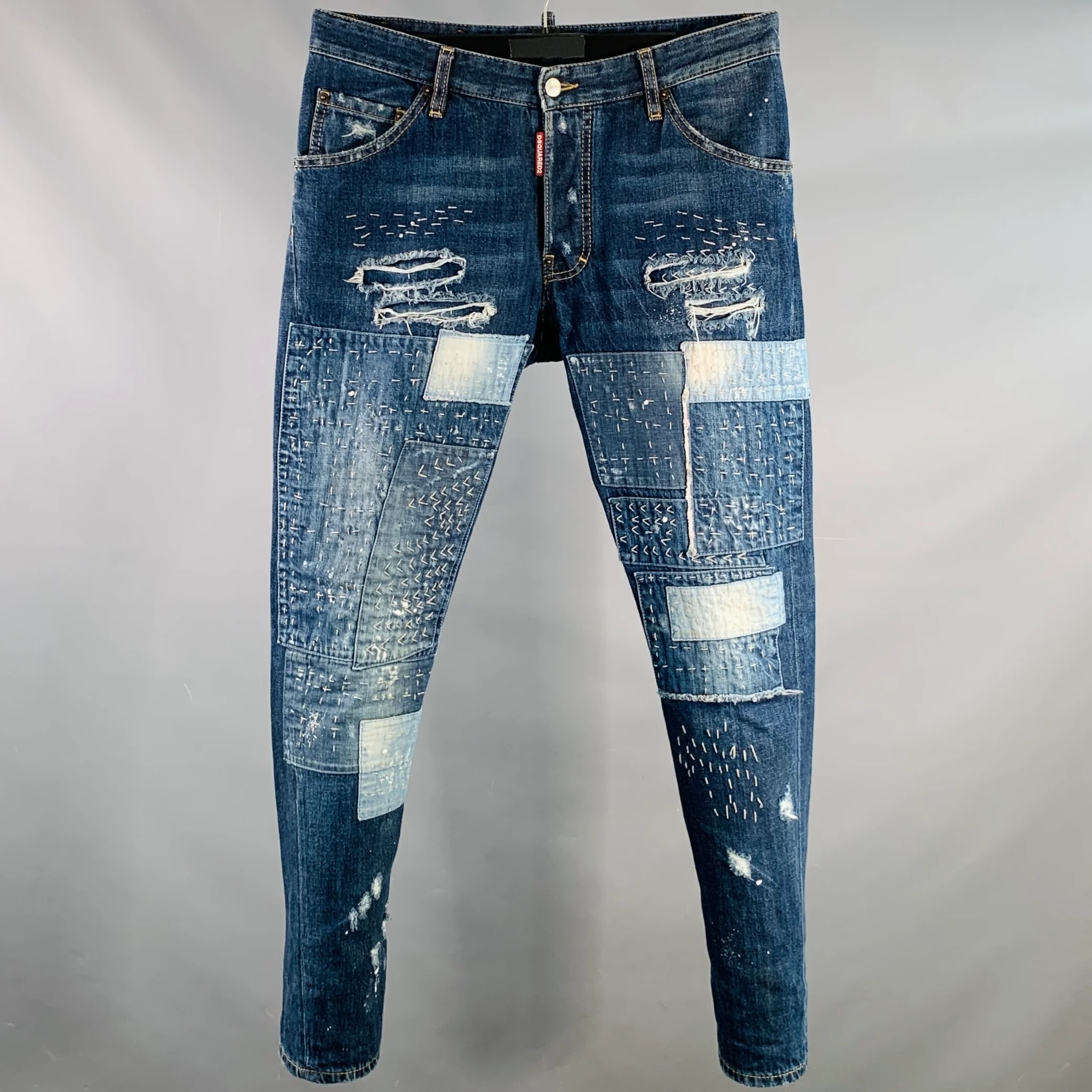 DSQUARED2 Size 32 Indigo Sashiko Distressed Denim Button Fly Jeans