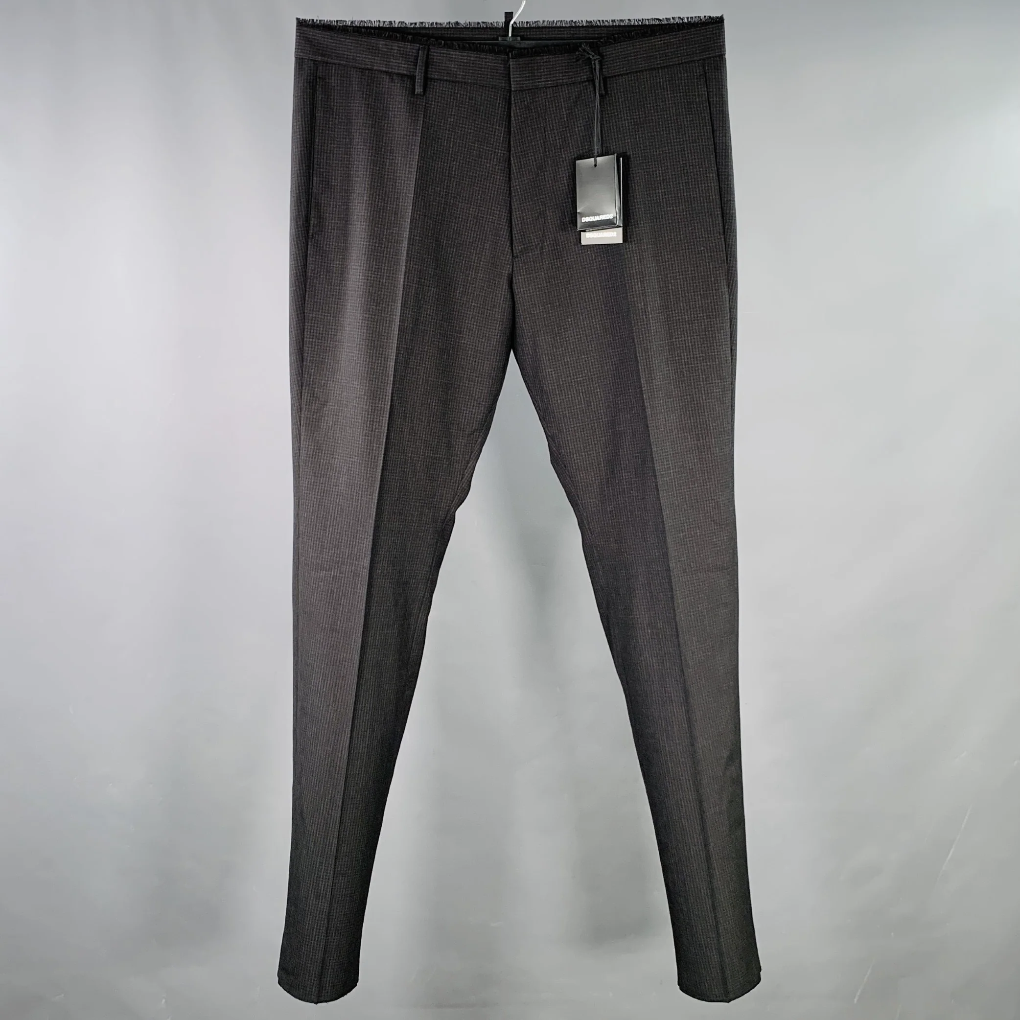 DSQUARED2 Size 38 Grey Black Checkered Wool Raw Edge Dress Pants