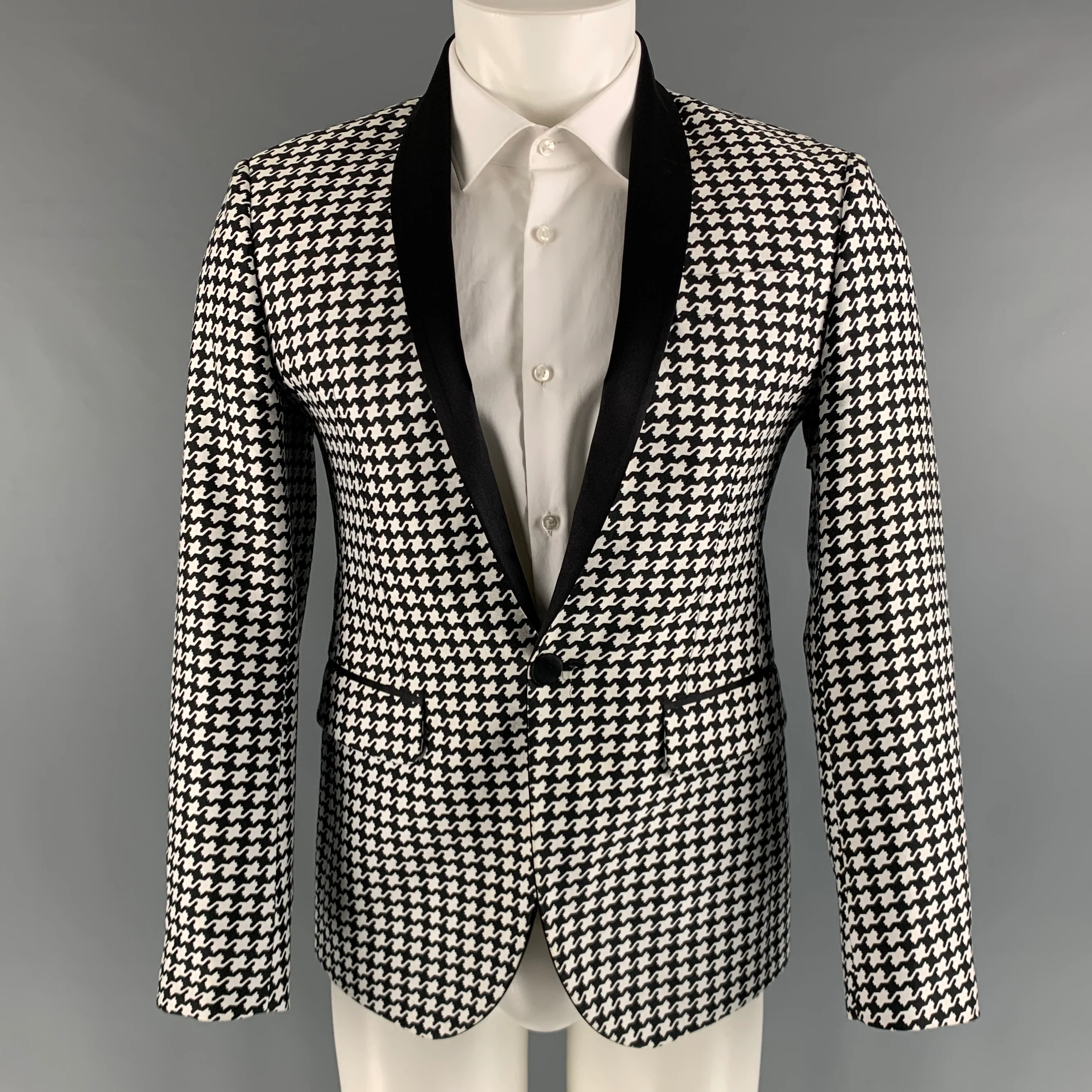 DSQUARED2  Size 38 Long Black White Houndstooth Cotton Silk Sport Coat