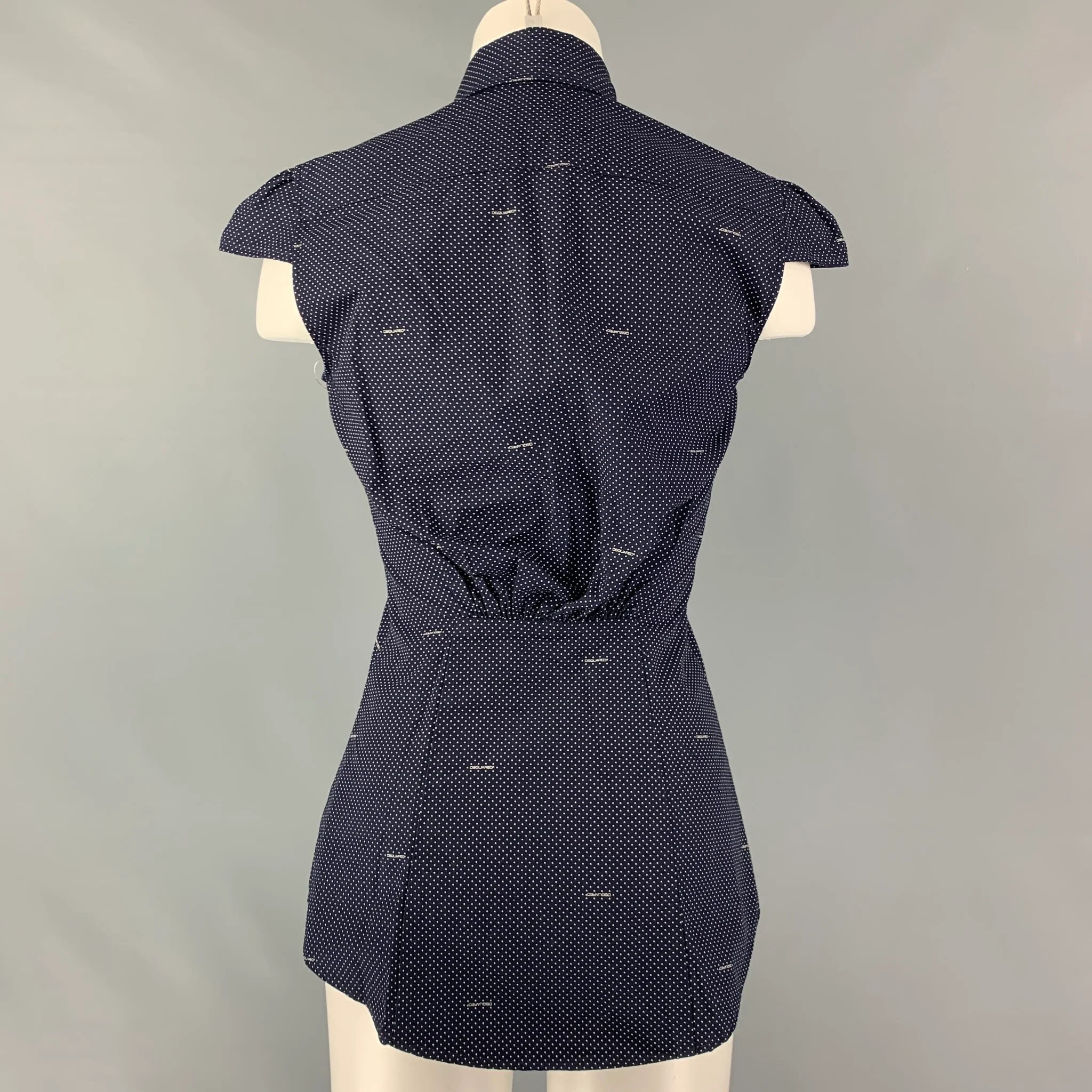 DSQUARED2 Size 4 Navy & White Cotton Polka Dot Cap Sleeves Casual Top - Image 4