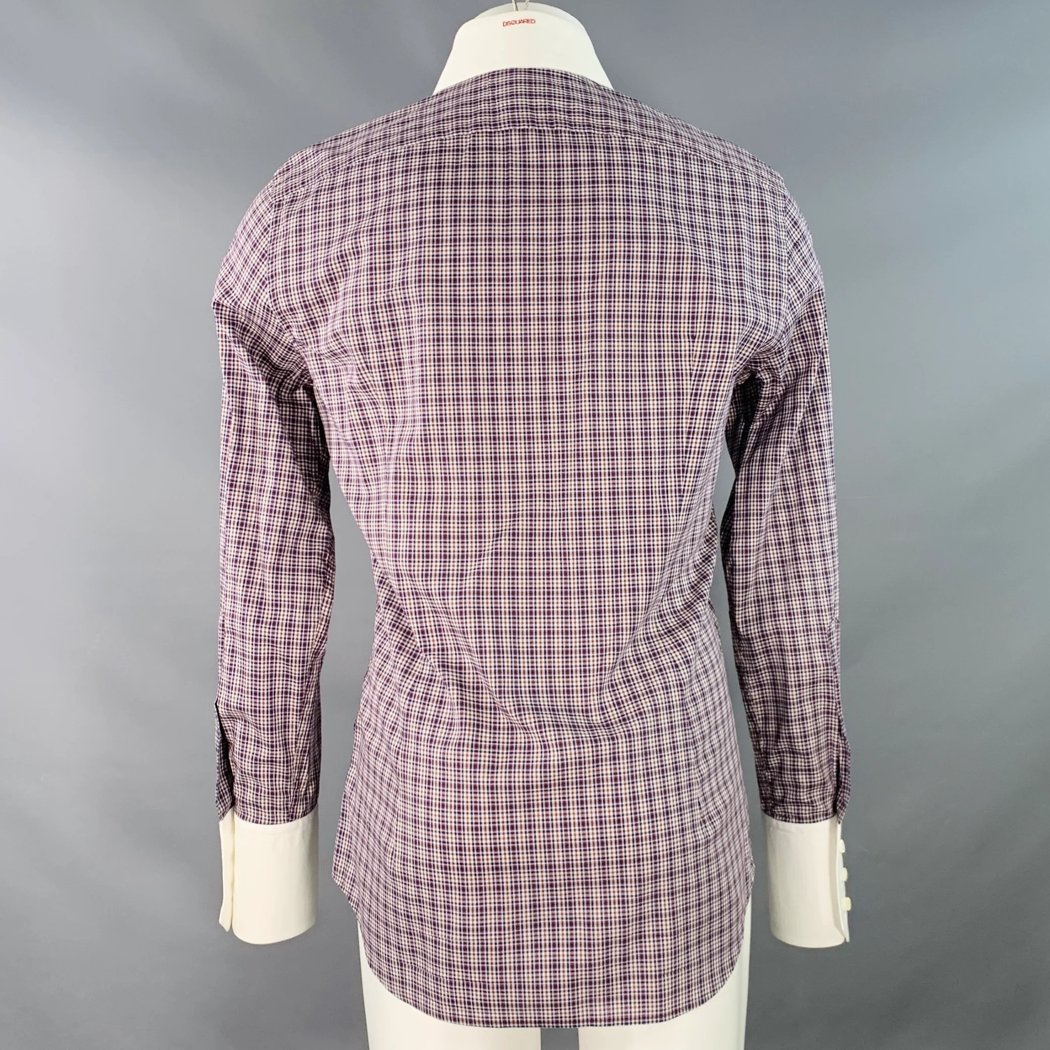 DSQUARED2 Size 40 White Navy Brown Plaid Cotton Contrast Trim Long Sleeve Shirt - Image 4