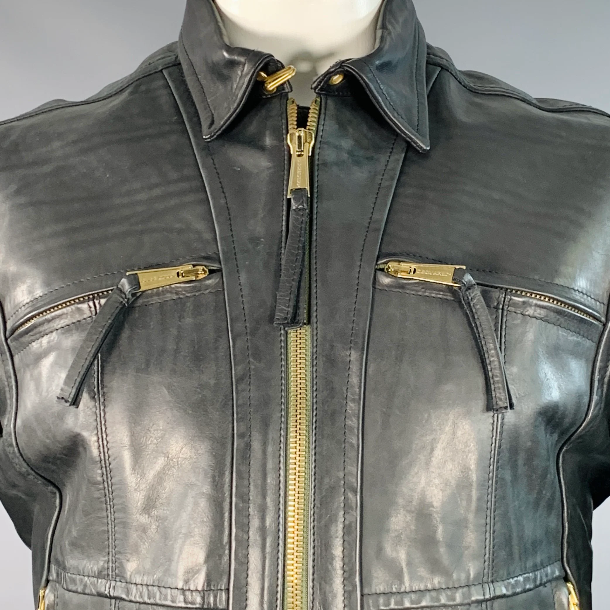 DSQUARED2 Size 44 Black Leather Zip Up Motorcycle Jacket - Image 3