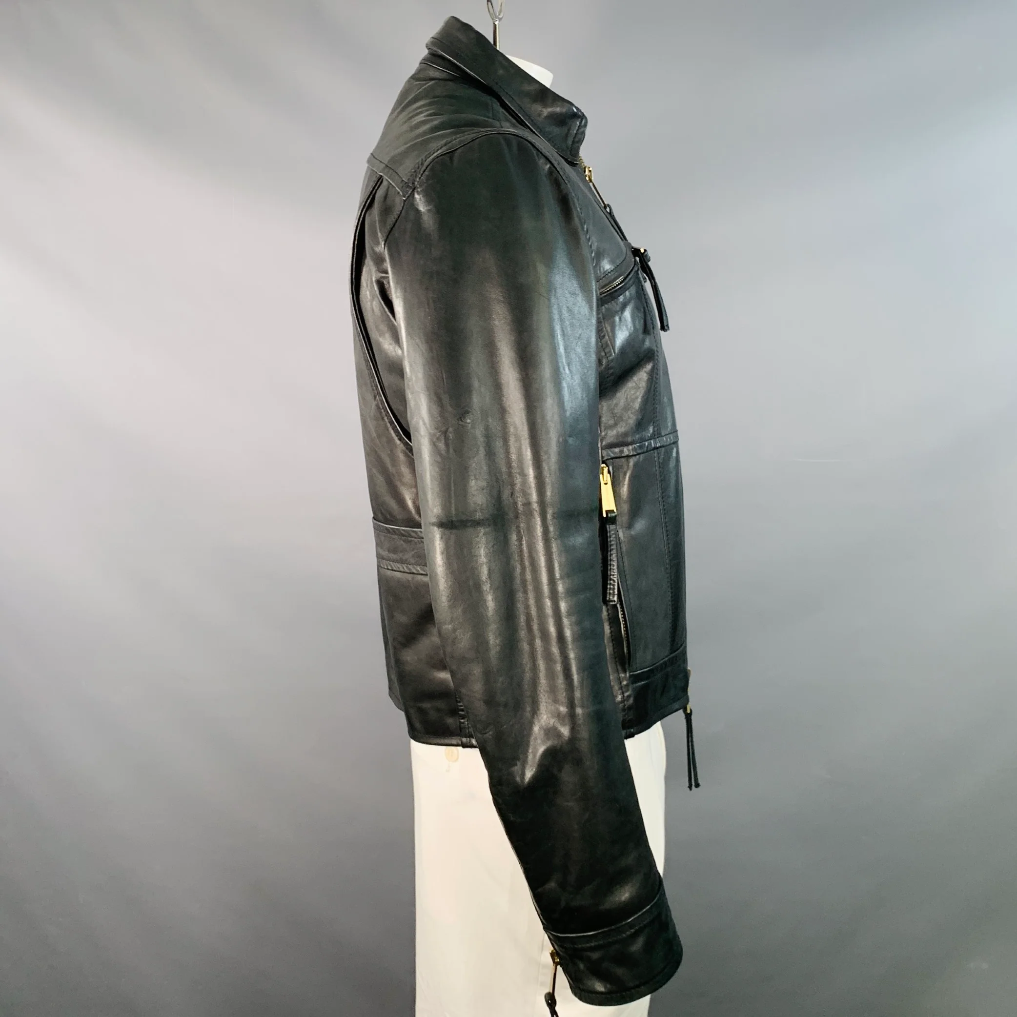 DSQUARED2 Size 44 Black Leather Zip Up Motorcycle Jacket - Image 4