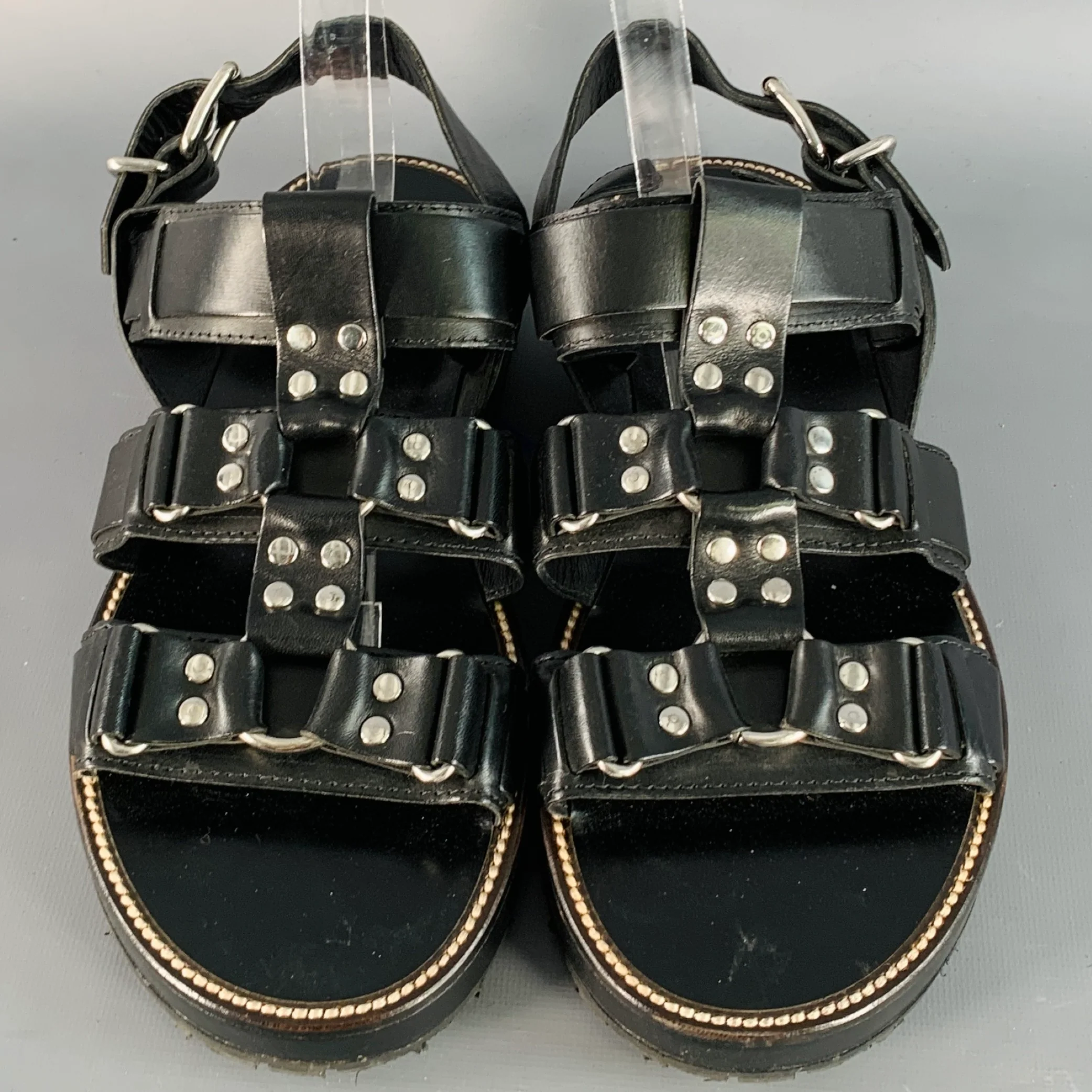 DSQUARED2 Size 8 Harley Black Silver Leather Buckle Sandals - Image 4