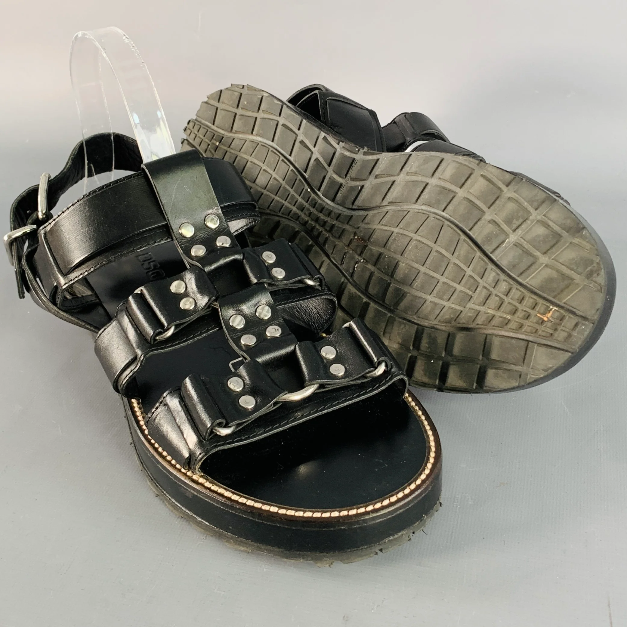 DSQUARED2 Size 8 Harley Black Silver Leather Buckle Sandals - Image 5
