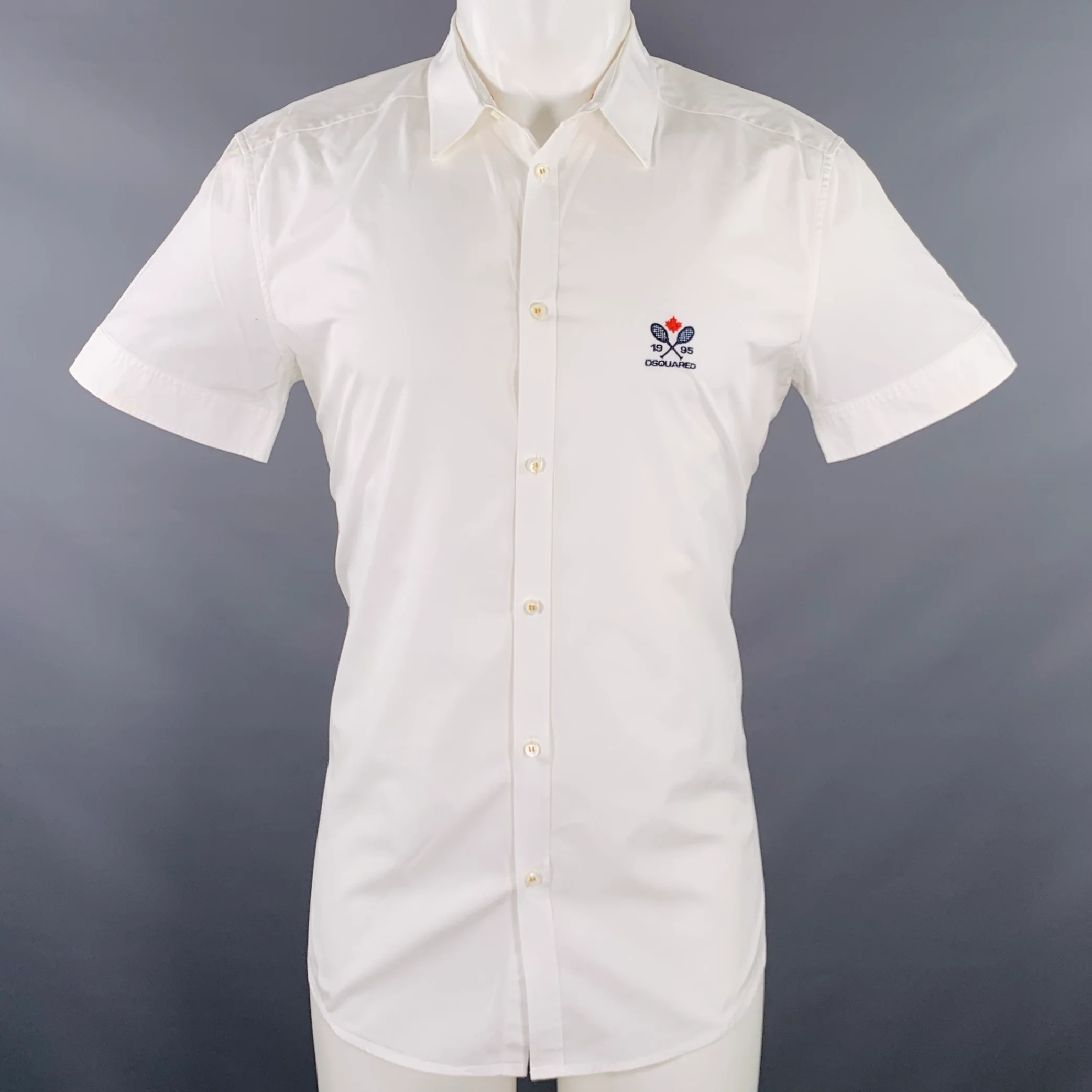 DSQUARED2 Size M White Navy Embroidery Cotton Short Sleeve Shirt