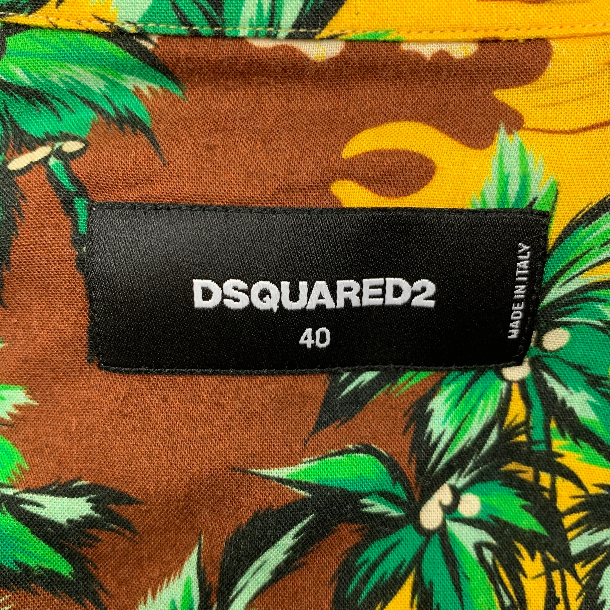 DSQUARED2 Size M Yellow Multi-Color Hawaiian Viscose Cropped Short Sleeve Shirt - Image 6