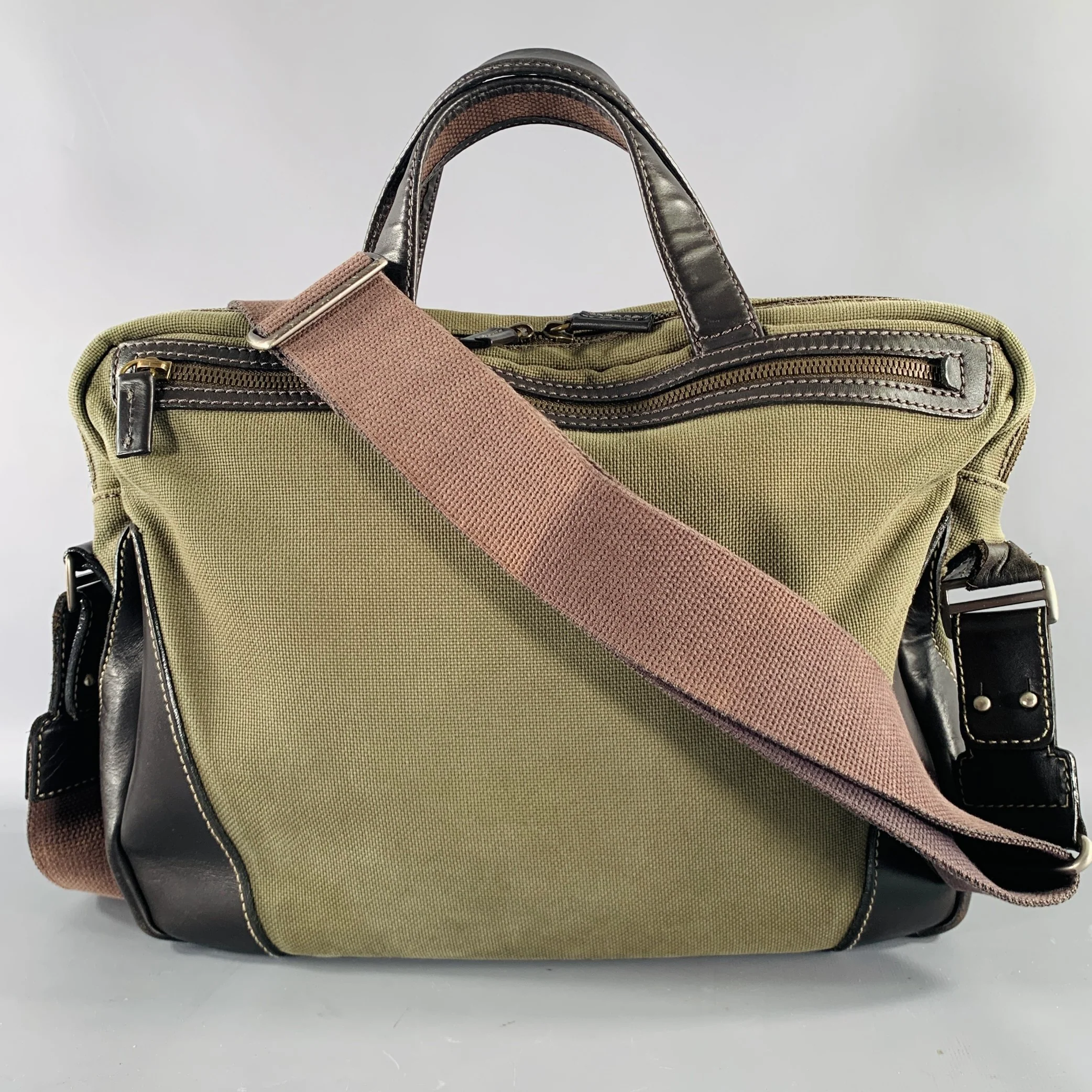 DUNHILL Green Brown Mixed Materials Leather Canvas Messenger Bag - Image 3