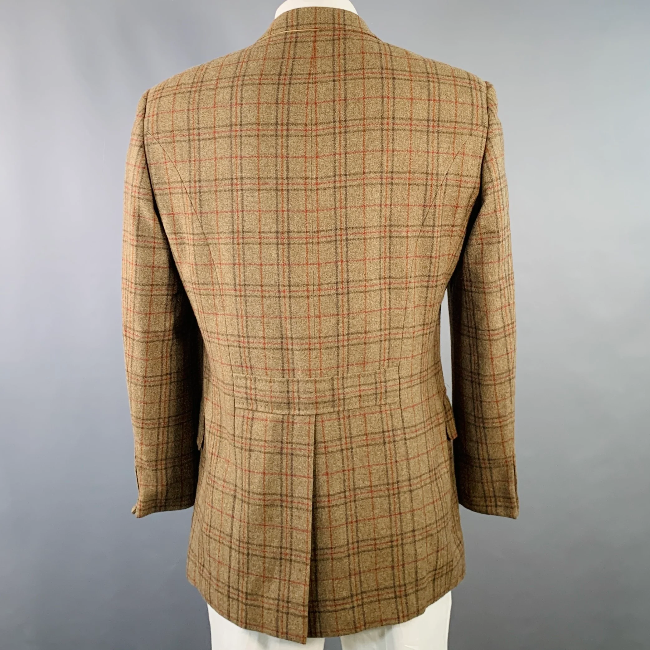 DUNHILL Size 42 Tan Red Plaid Wool Cashmere Notch Lapel Sport Coat - Image 4