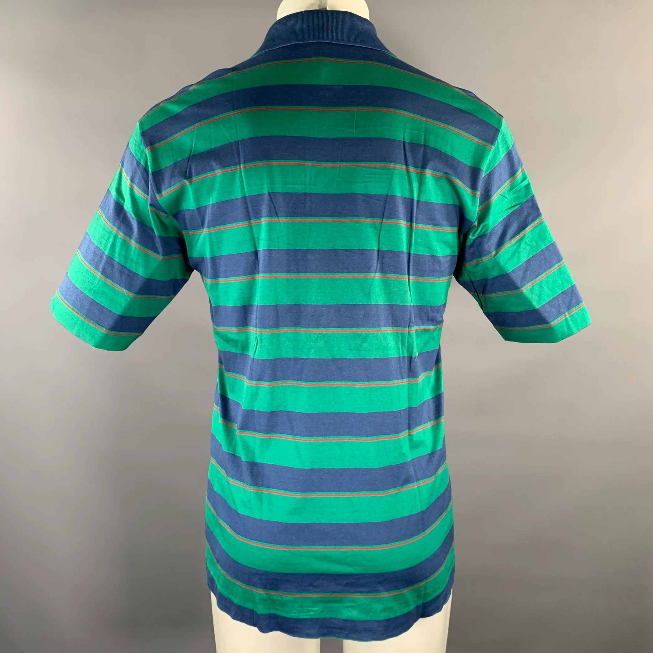 DUNHILL Size M Green Navy Red Stripe Cotton Polo Polo - Image 3