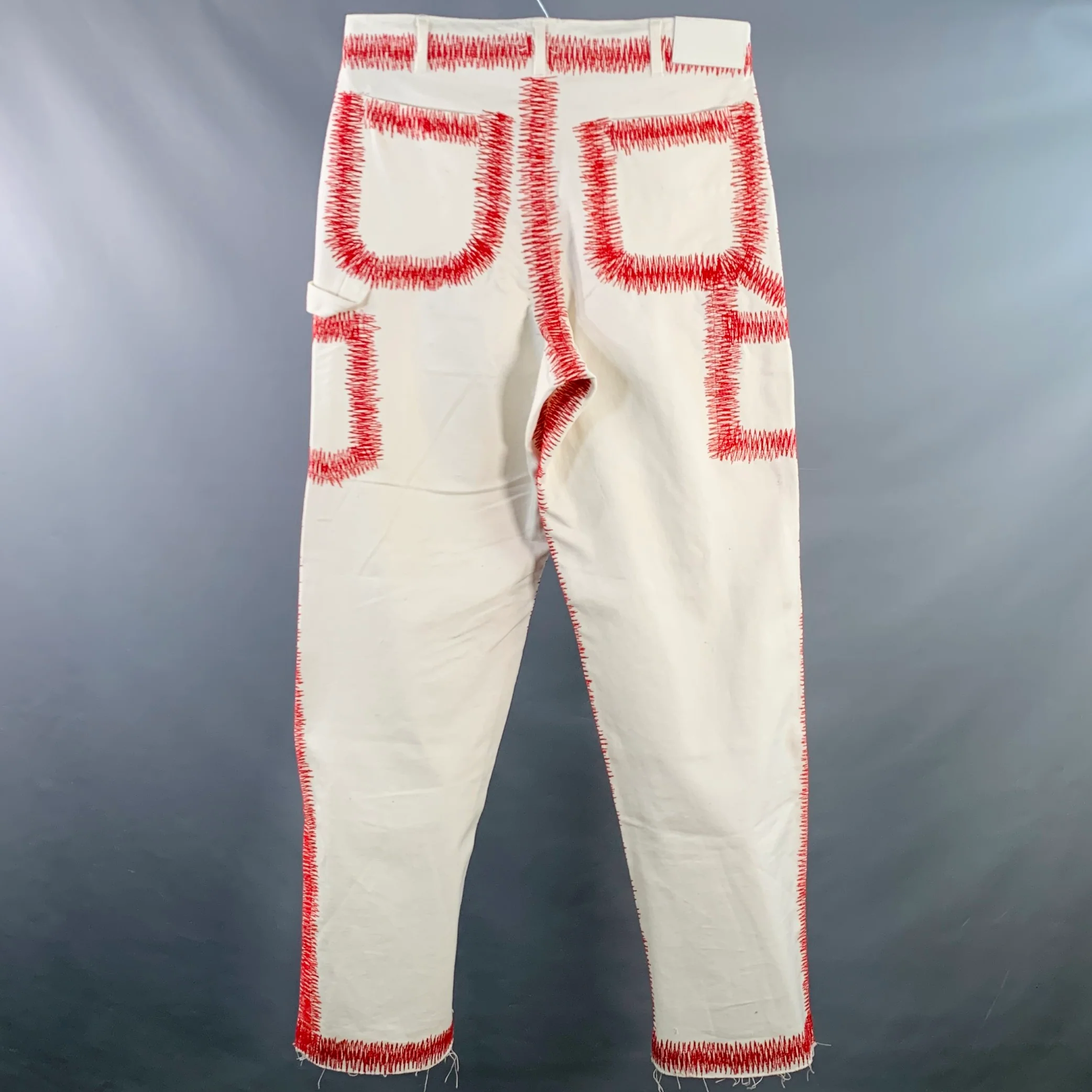 EARTHLING VIP Size 34 Cream Red Embroidery Cotton Rhinestones Casual Pants - Image 3