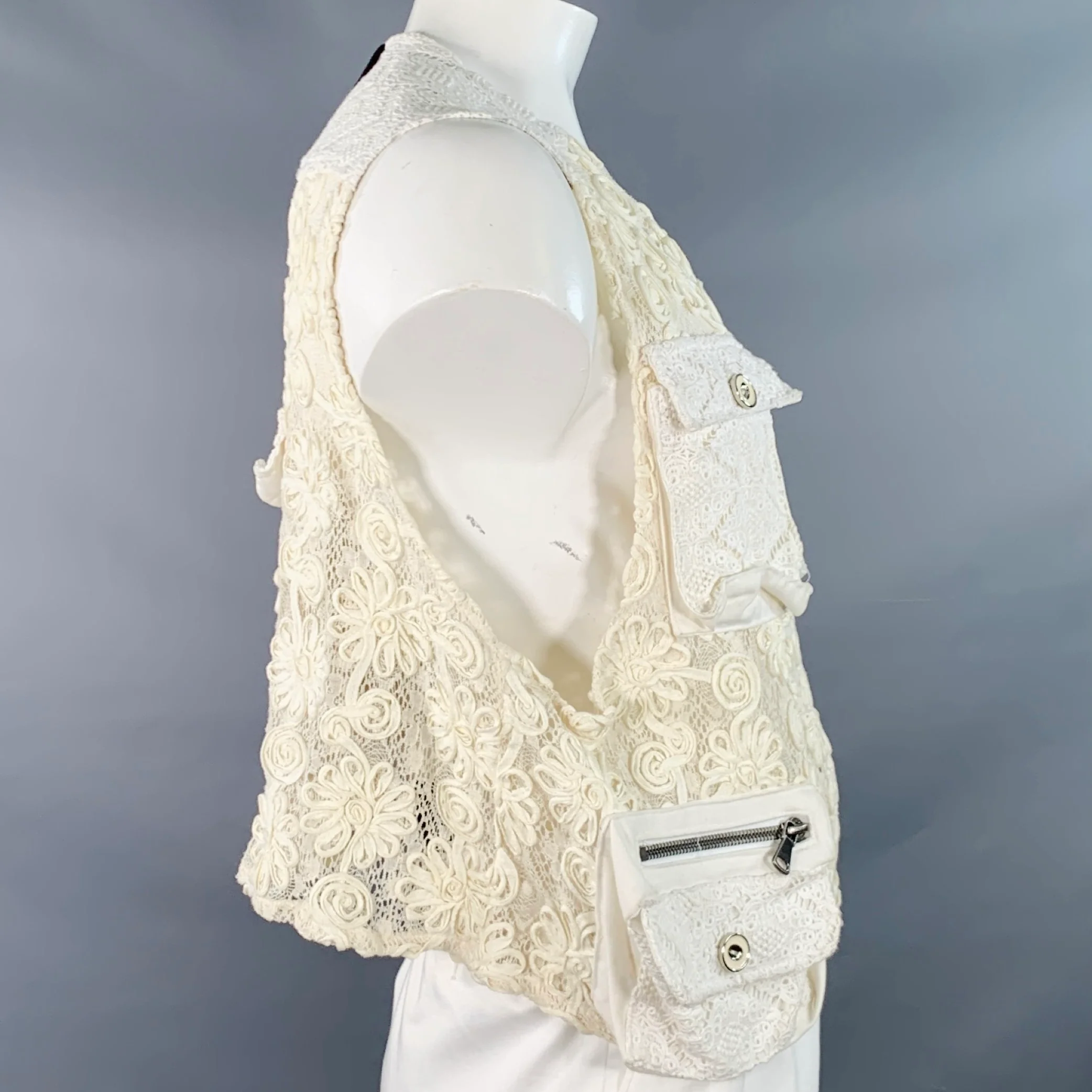 EARTHLING VIP Size L Beige White Lace Oversized Cargo Pockets Vest - Image 3