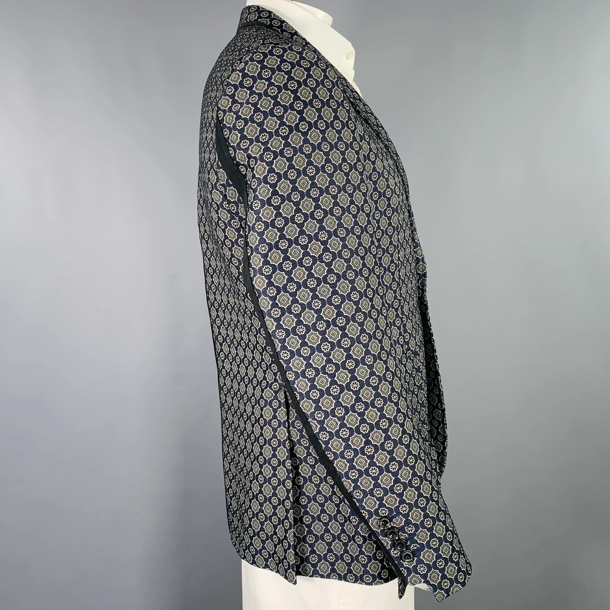 EFM Size 42 Navy Grey Jacquard Polyester Blend Single Button Sport Coat - Image 3