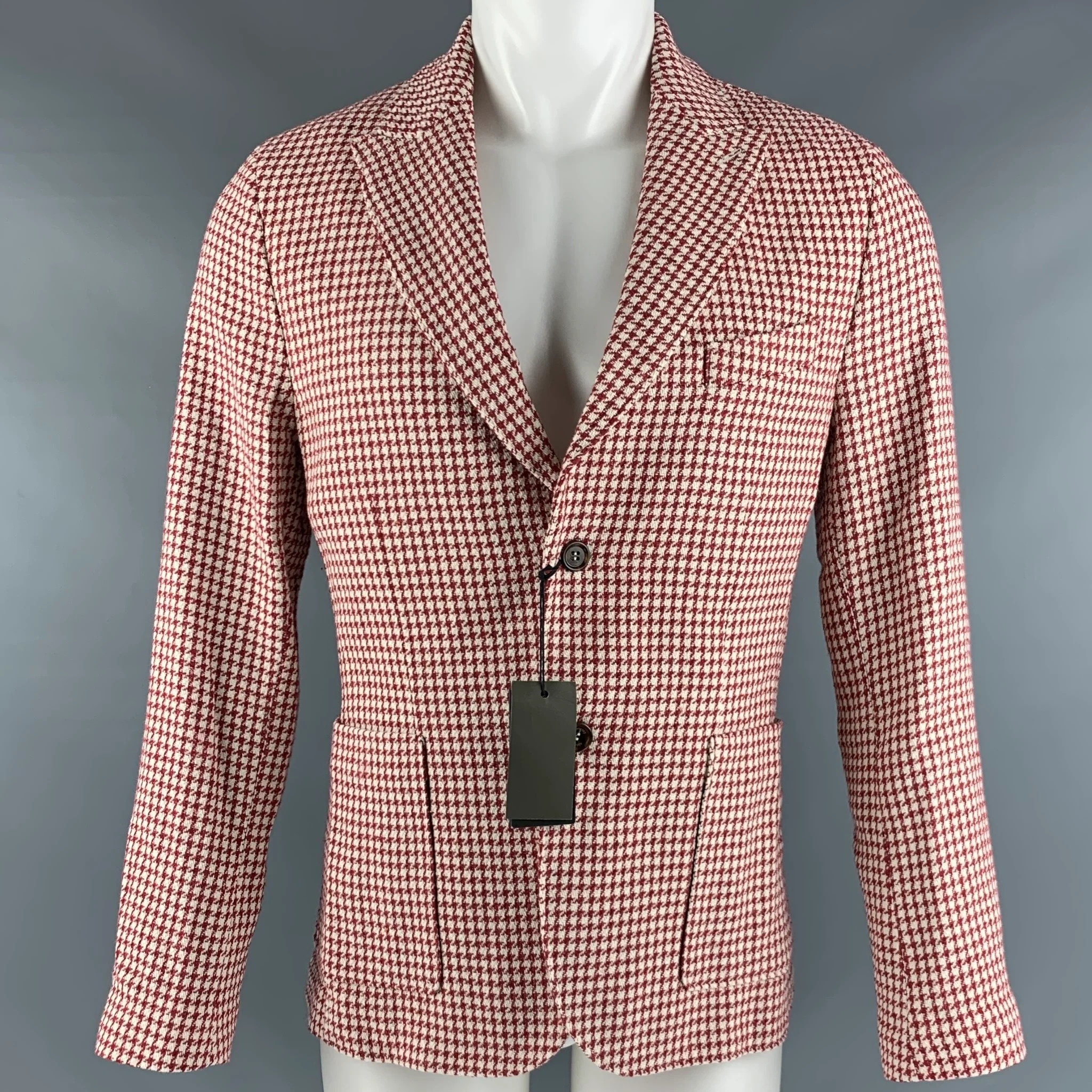 ELEVENTY Chest Size 36 Burgundy Cream Houndstooth Cotton Blend Sport Coat