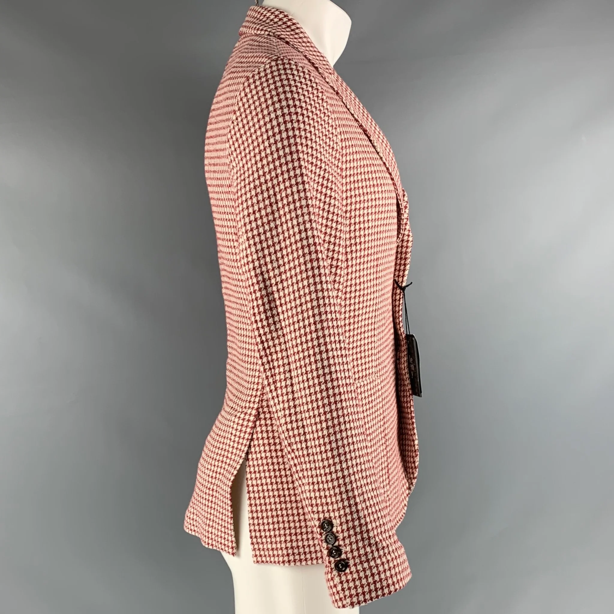 ELEVENTY Chest Size 36 Burgundy Cream Houndstooth Cotton Blend Sport Coat - Image 3