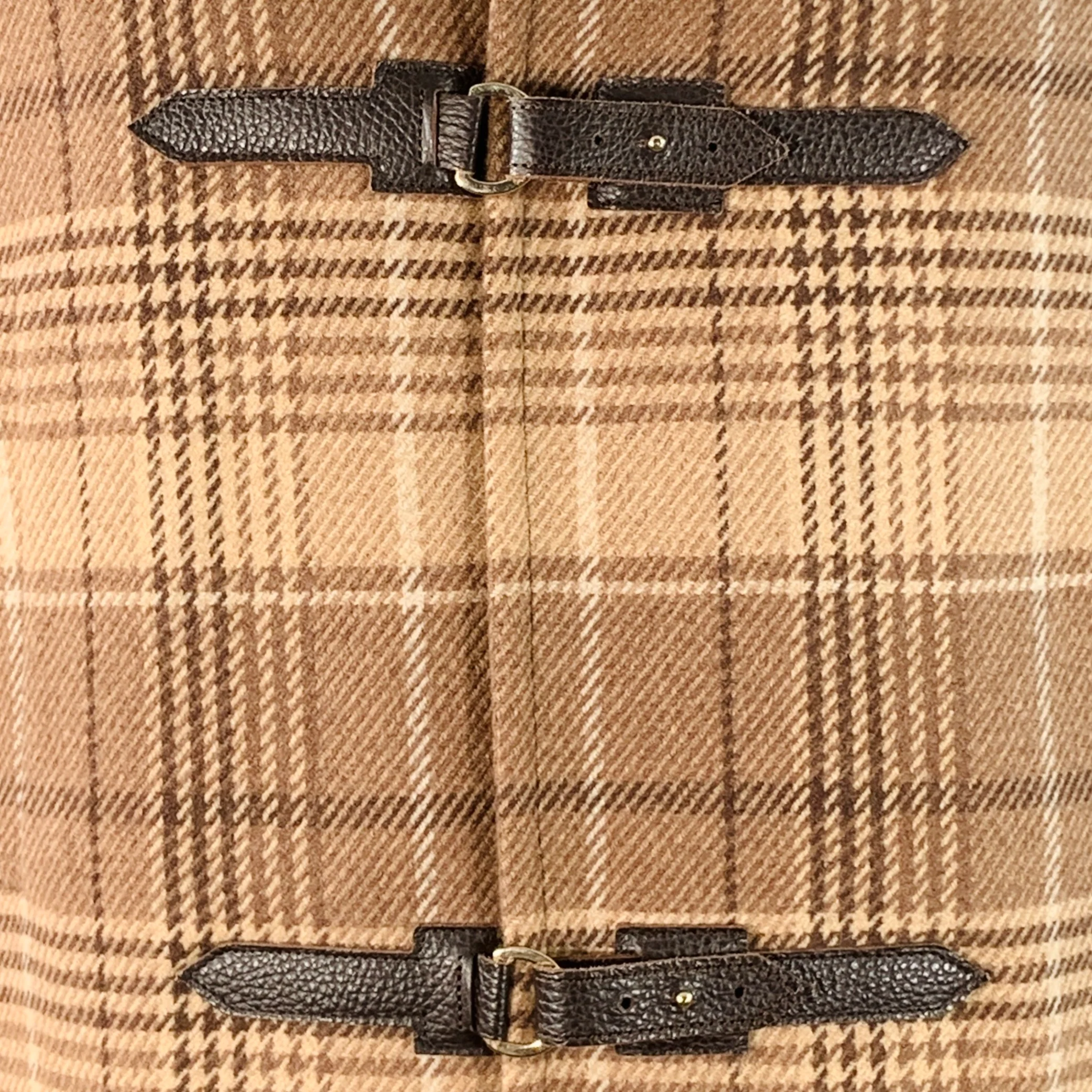ELEVENTY Size 42 Tan Brown Glenplaid Wool Cashmere Leather Trim Toggle Coat - Image 2