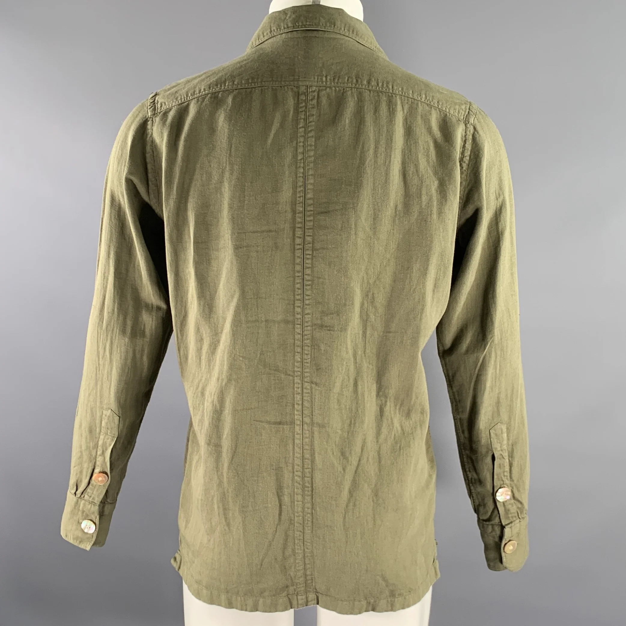 ELEVENTY Size S Green Olive Cotton Blend Camp Long Sleeve Shirt - Image 4