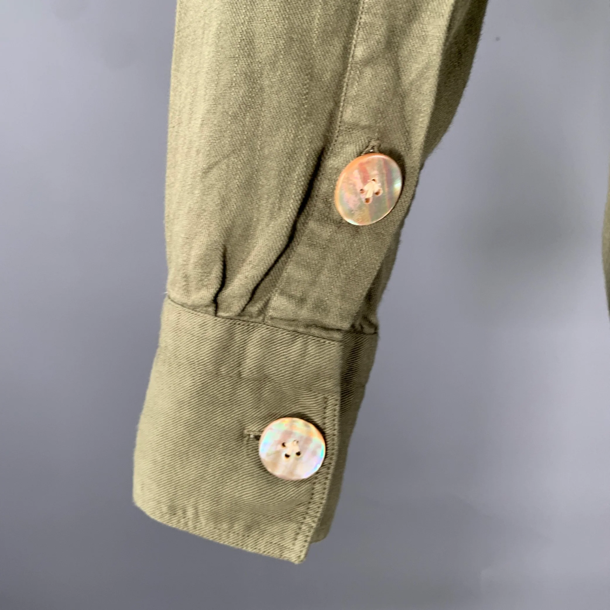ELEVENTY Size S Green Olive Cotton Blend Camp Long Sleeve Shirt - Image 5