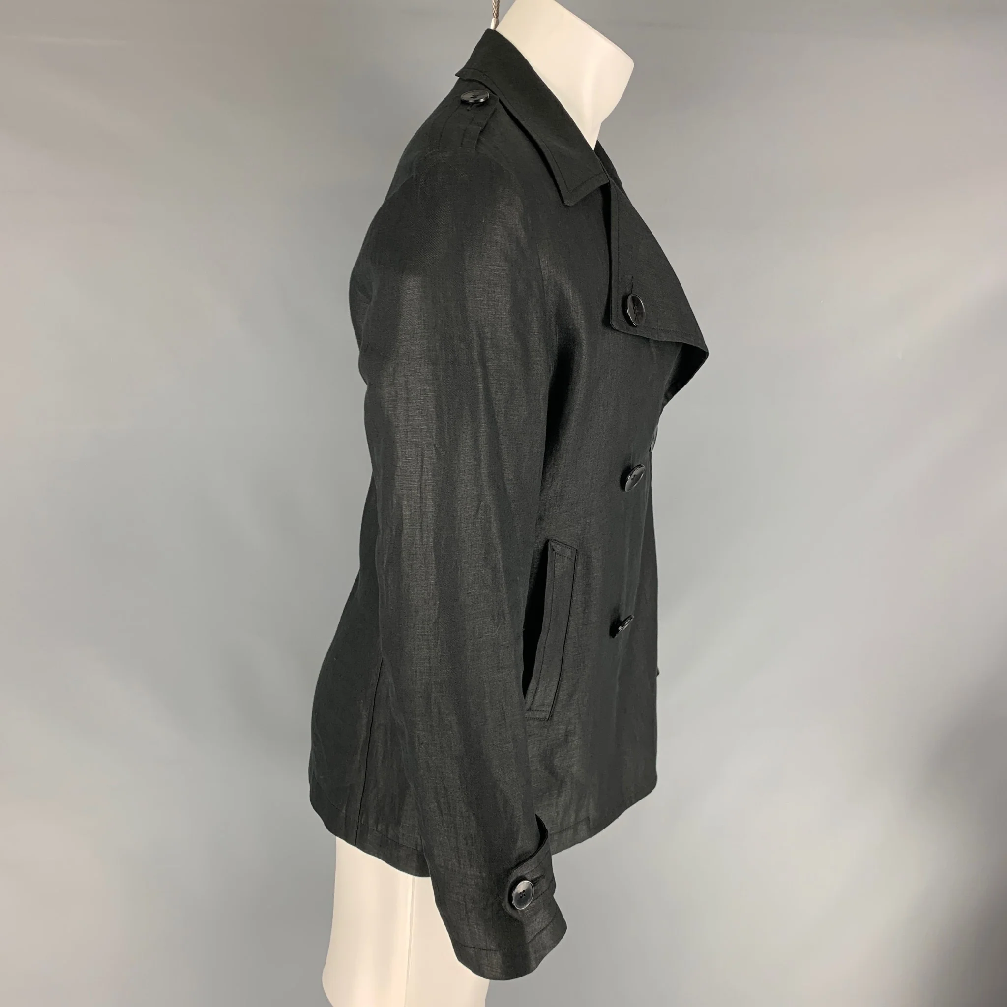 EMANUEL UNGARO Size 38 Black Solid Linen Peacoat Coat - Image 3
