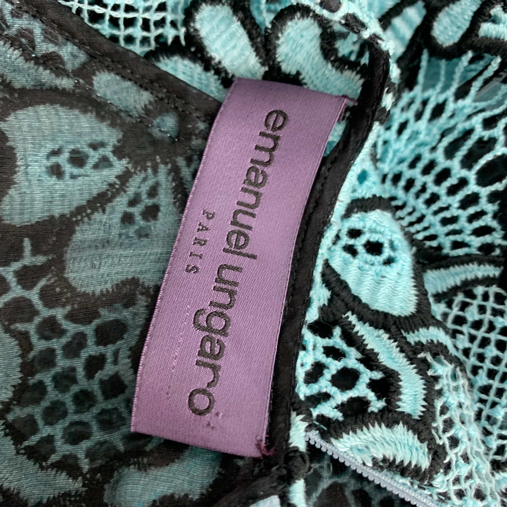 EMANUEL UNGARO Size 10 Blue Black Cotton Polyester Floral Cocktail Dress - Image 5