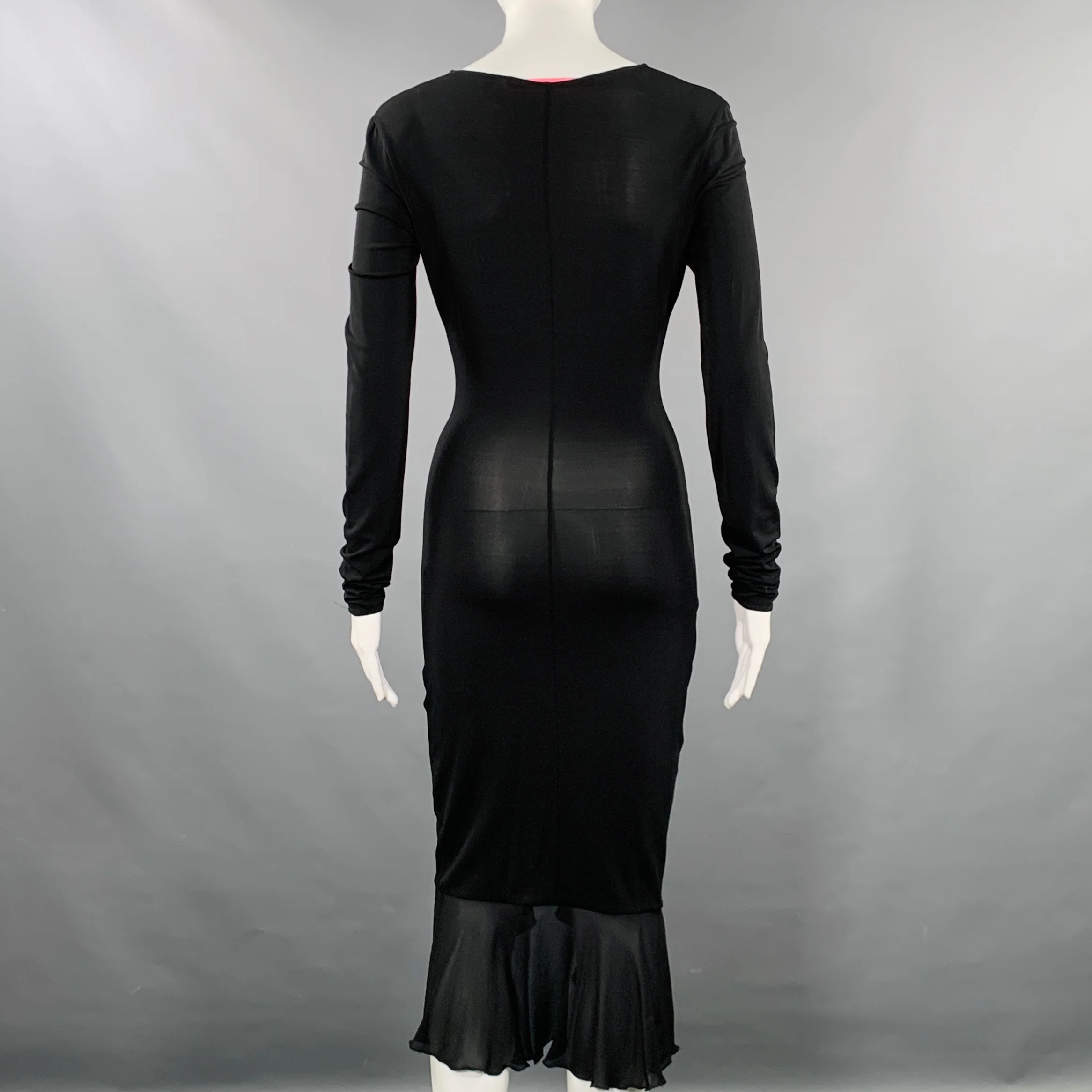 EMANUEL UNGARO Size XS Black Rayon Blend Ruffled Midi Cocktail Dress - Image 3