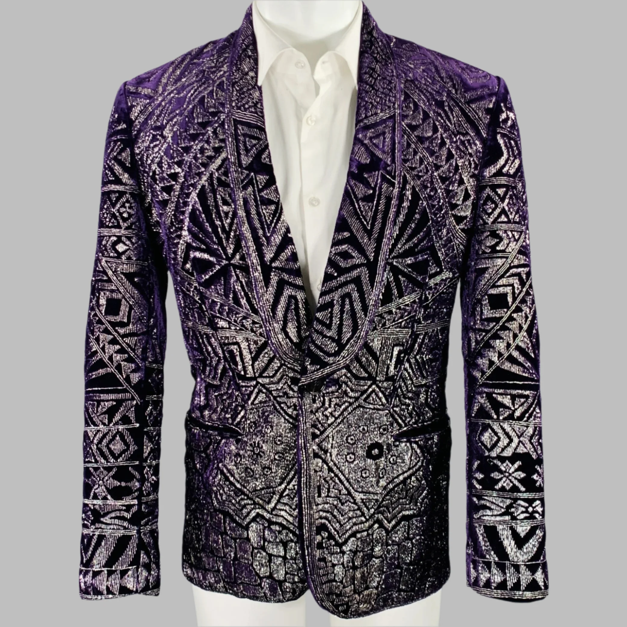 EMILIO PUCCI Size 38 Purple Silver Geometric Embroidery Velvet Shawl Sport Coat