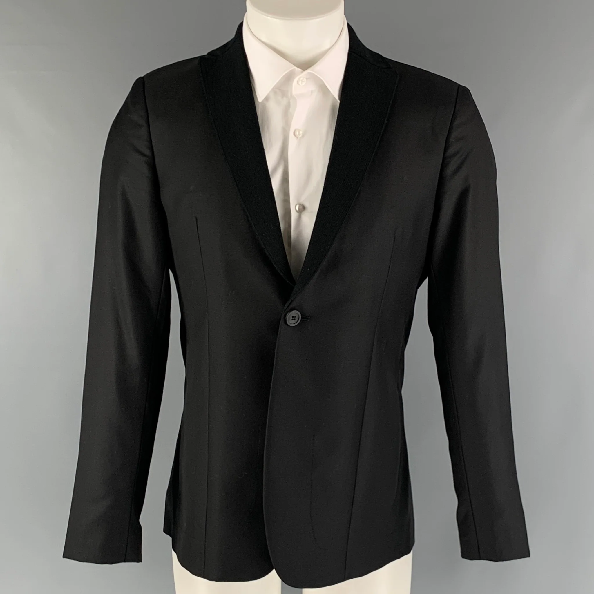 EMPORIO ARMANI Chest Size 38 Black Solid Wool Silk Notch Lapel Sport Coat
