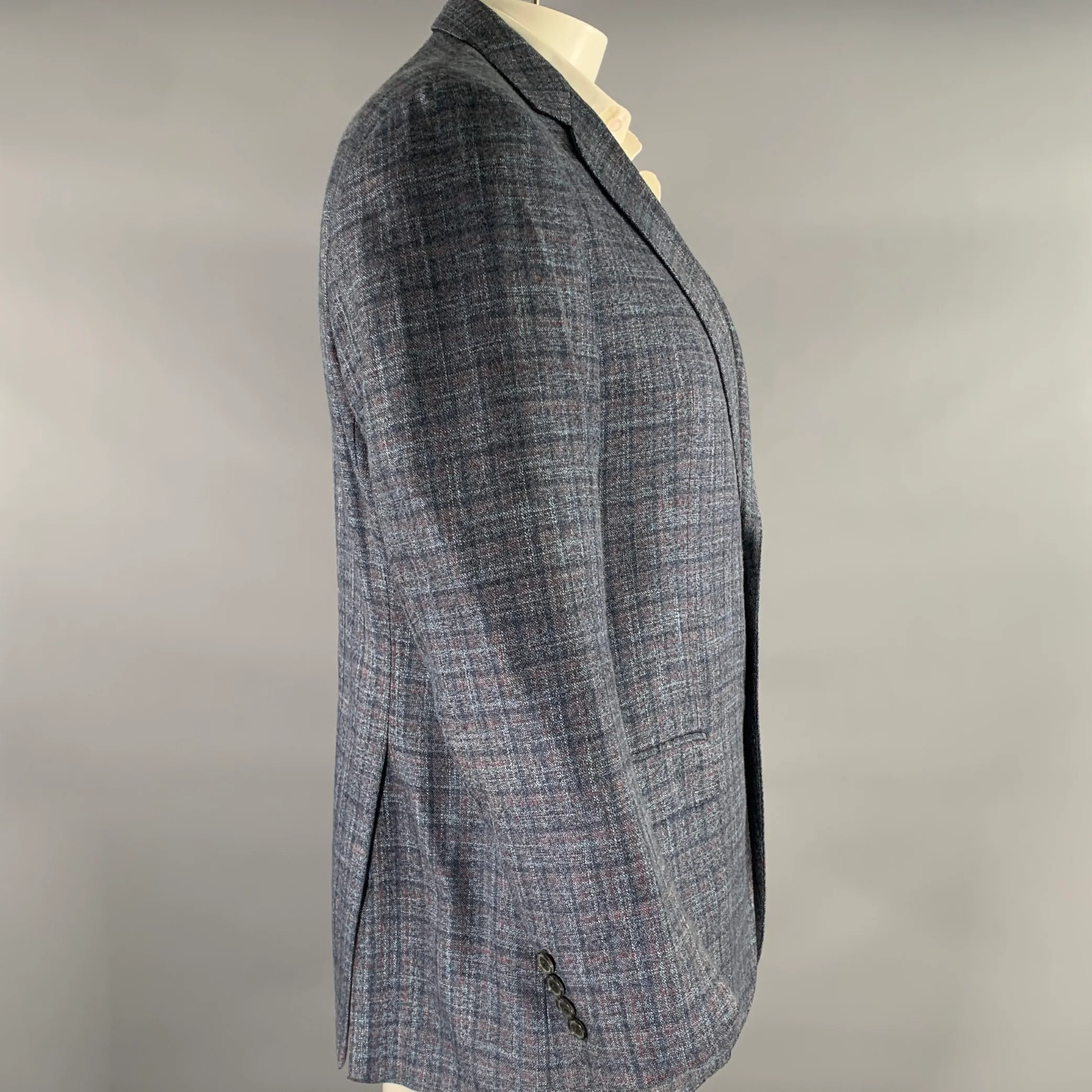 EMPORIO ARMANI Chest Size 44 Blue Red Plaid Viscose Notch Lapel Sport Coat - Image 3
