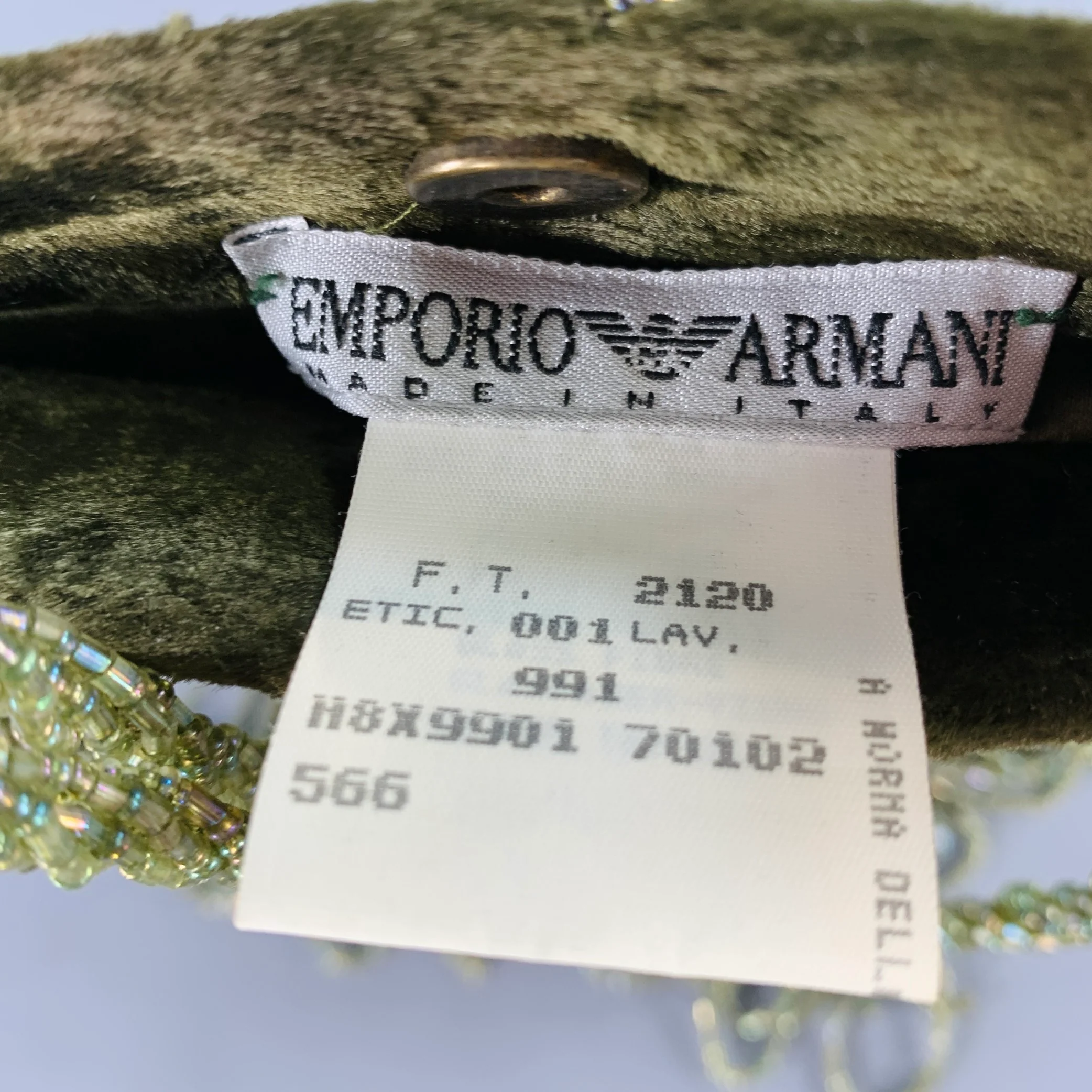 EMPORIO ARMANI Green Olive Logo Velvet Beaded Fringe Shoulder Handbag - Image 3