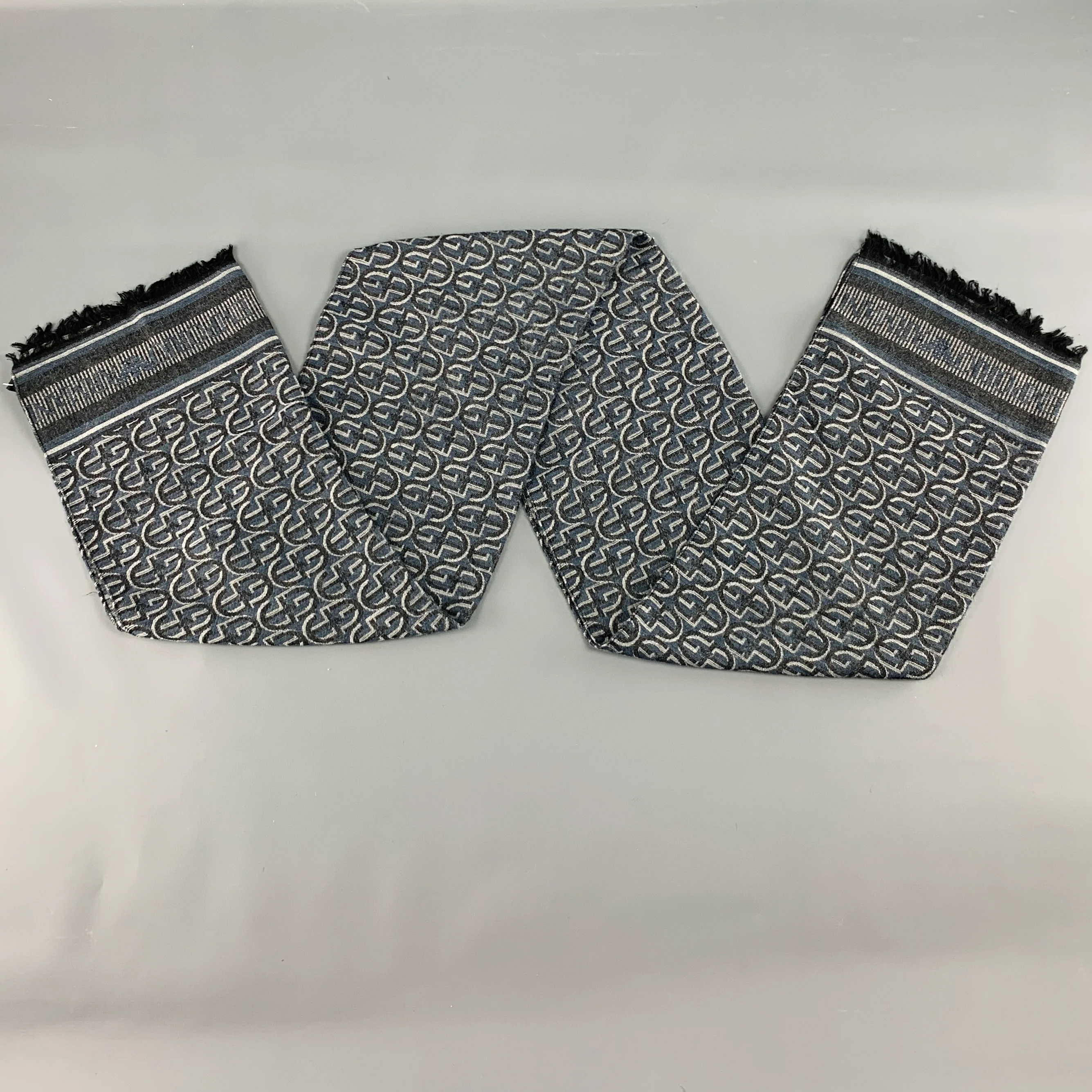 EMPORIO ARMANI Grey Navy Logo Viscose Blend Scarf