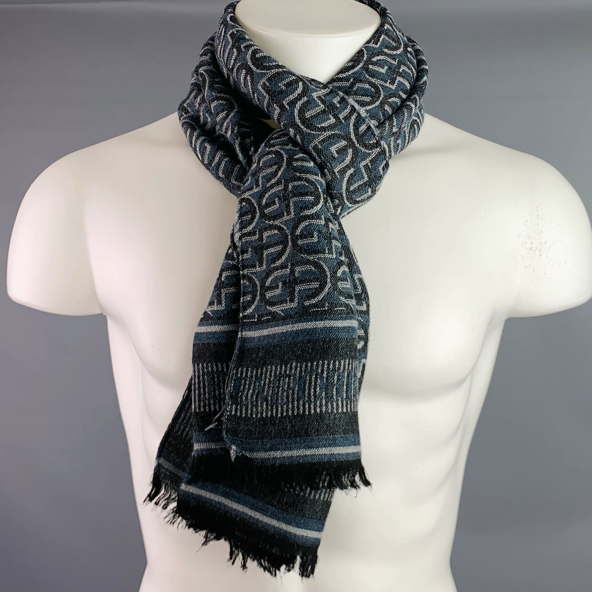 EMPORIO ARMANI Grey Navy Logo Viscose Blend Scarf - Image 4