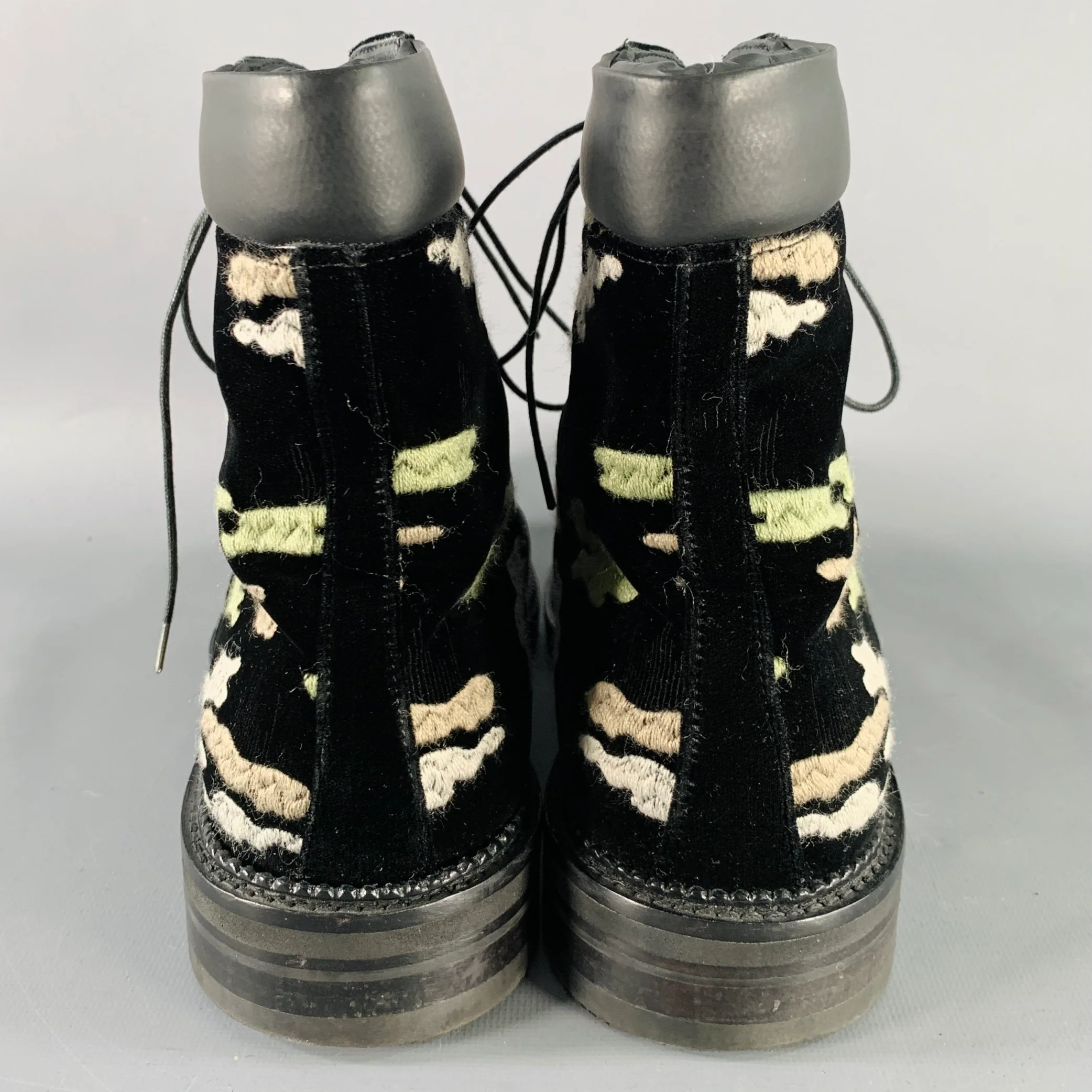 EMPORIO ARMANI Size 10 Black Green Grey Camouflage Embroidery Velvet Lace-Up Boots - Image 3