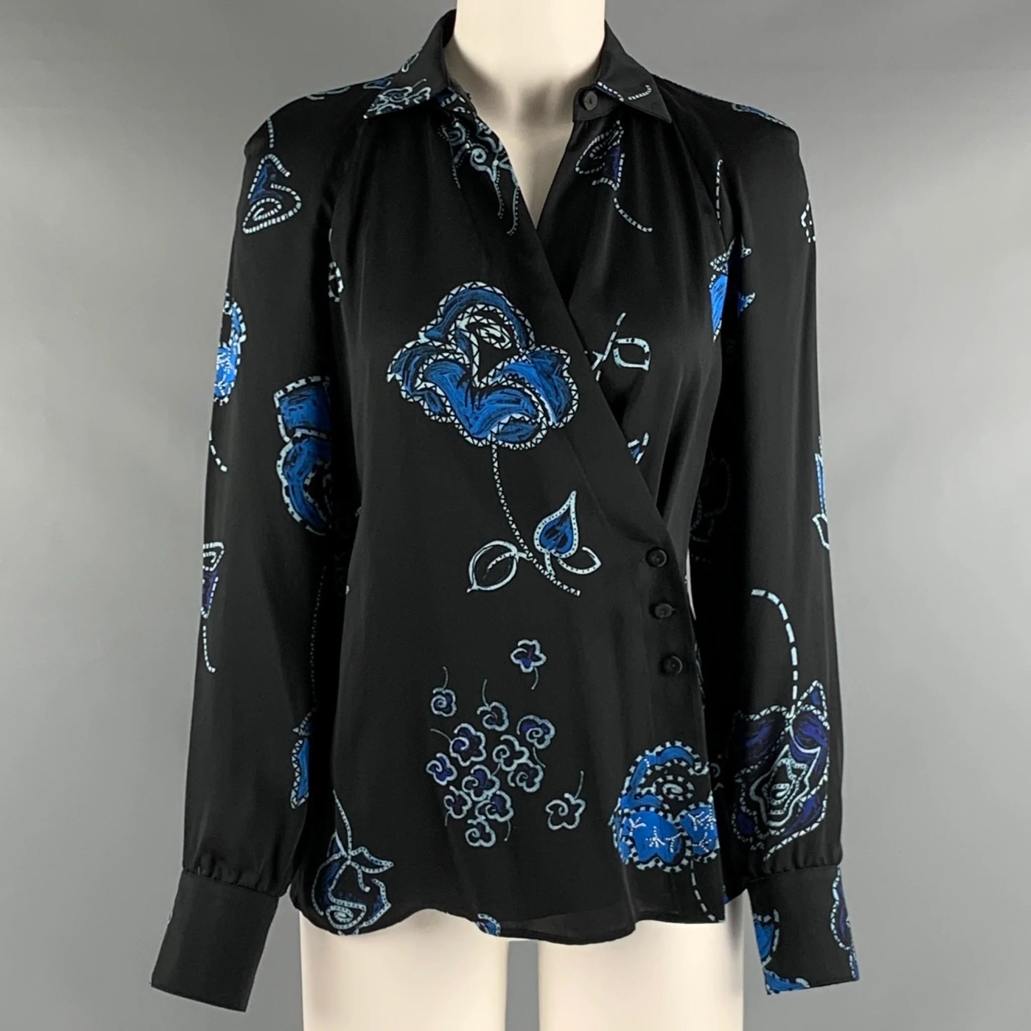 EMPORIO ARMANI Size 2 Black Blue Viscose Floral Blouson Casual Top