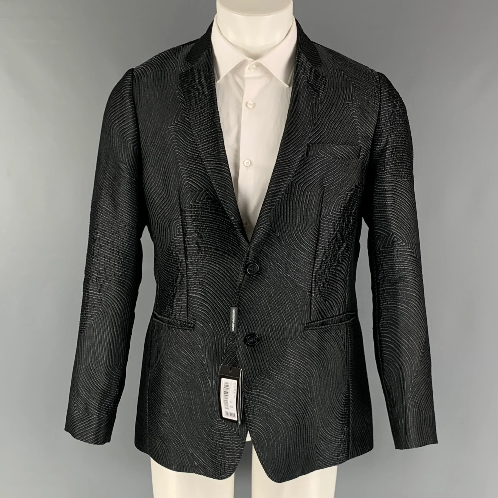 EMPORIO ARMANI Size 40 Black Grey Jacquard Polyester Blend Sport Coat